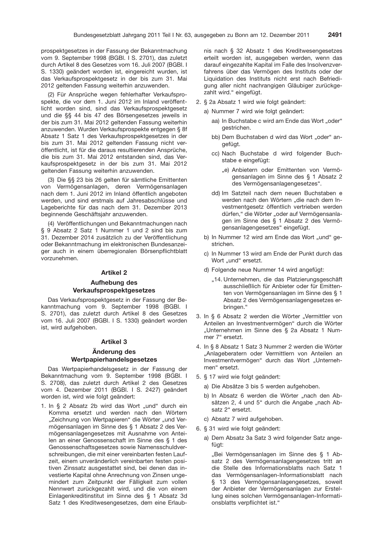 BGBl. 2011, Seite 2491 — Originalseite als Abbildung