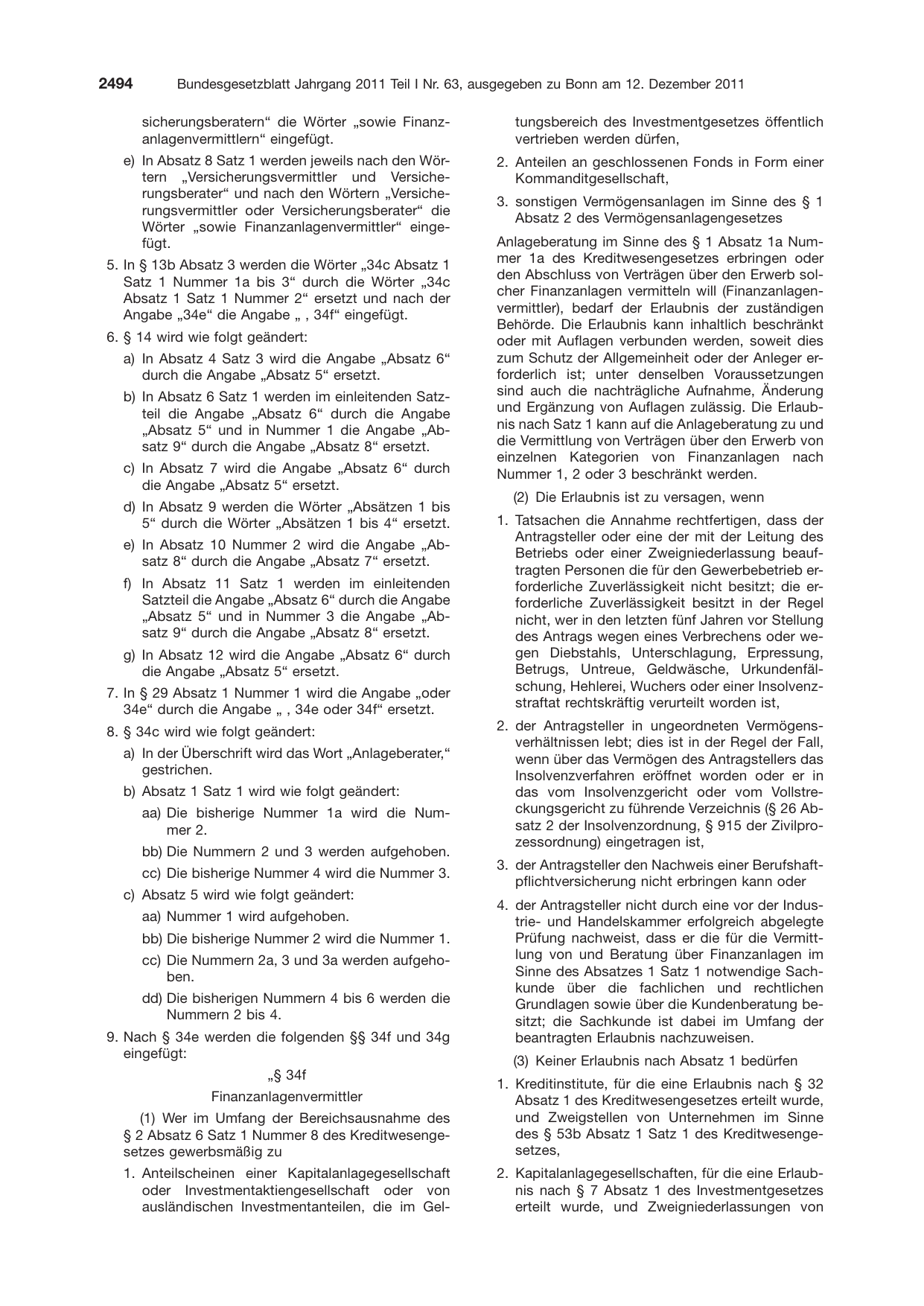 BGBl. 2011, Seite 2494 — Originalseite als Abbildung