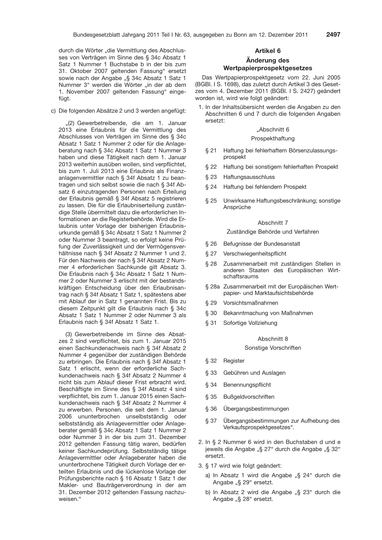 BGBl. 2011, Seite 2497 — Originalseite als Abbildung