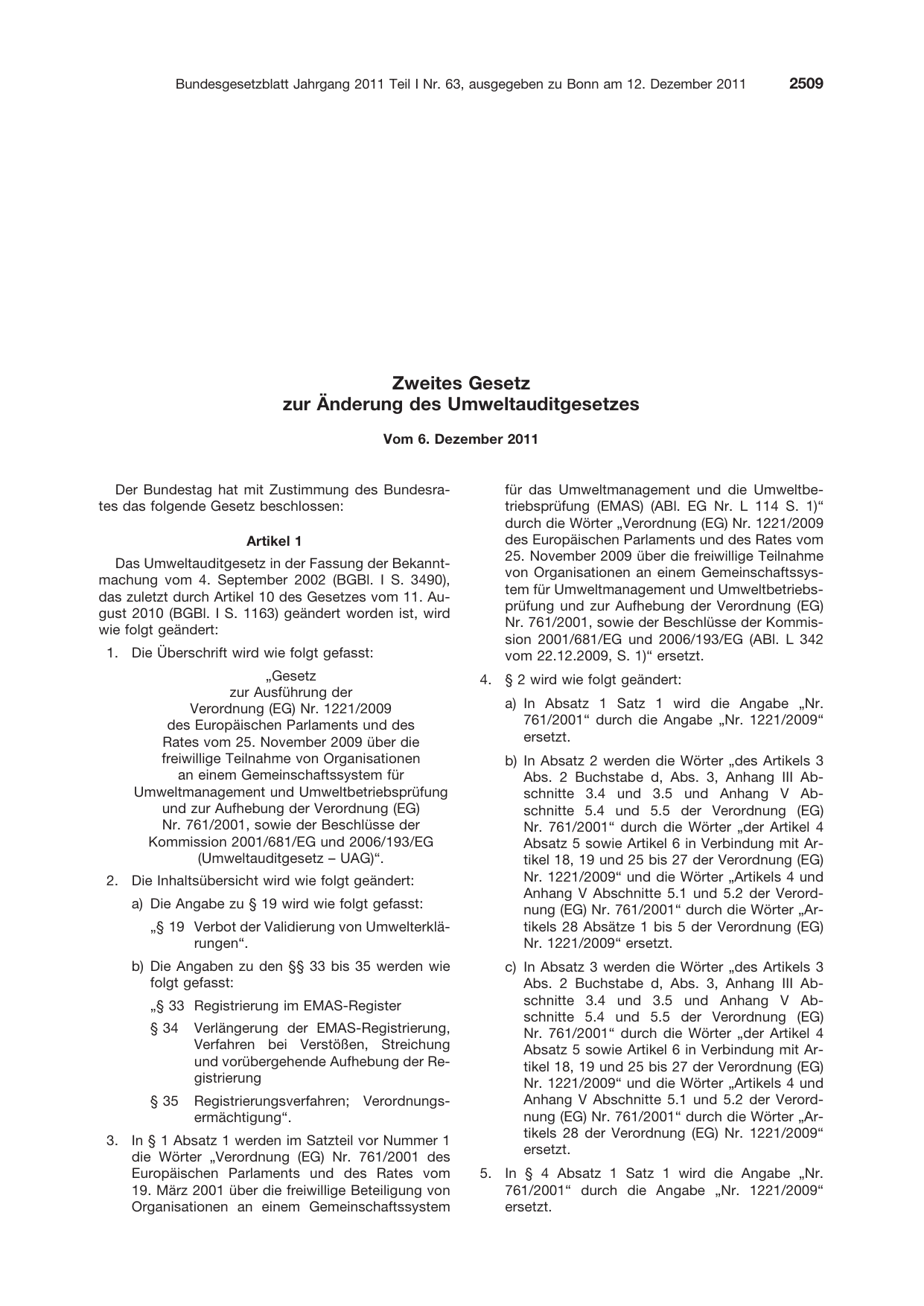 BGBl. 2011, Seite 2509 — Originalseite als Abbildung