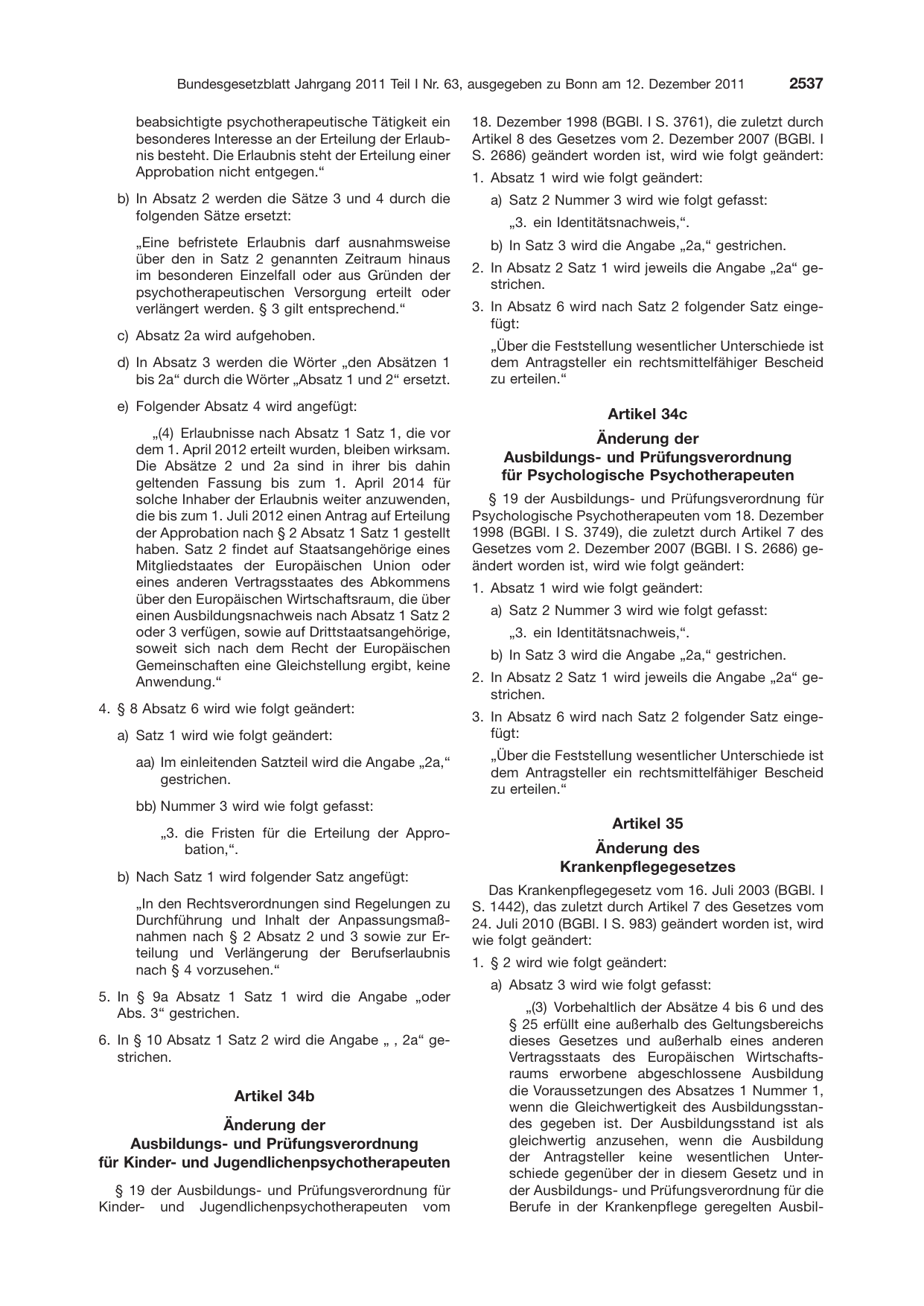 BGBl. 2011, Seite 2537 — Originalseite als Abbildung
