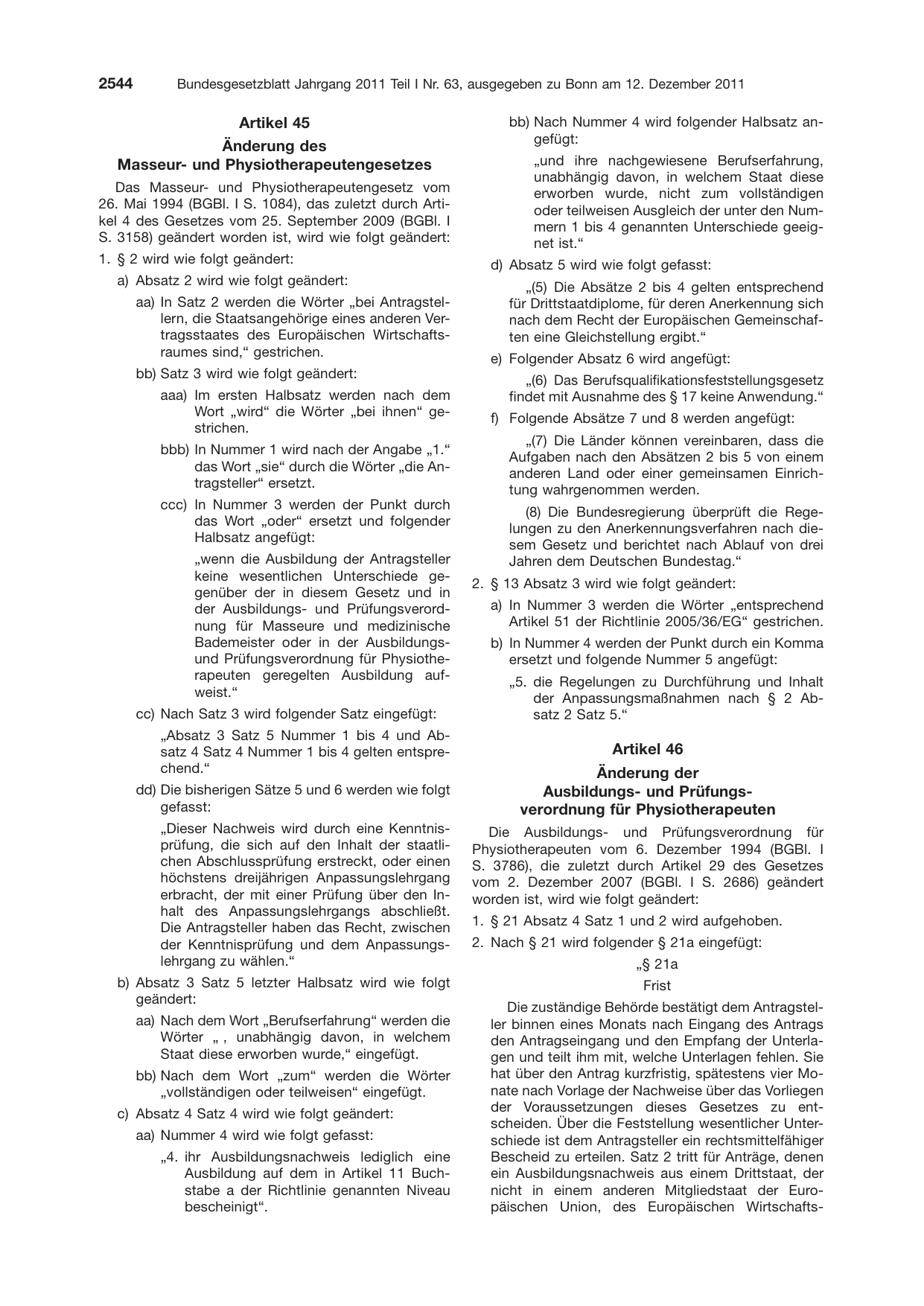 BGBl. 2011, Seite 2544 — Originalseite als Abbildung