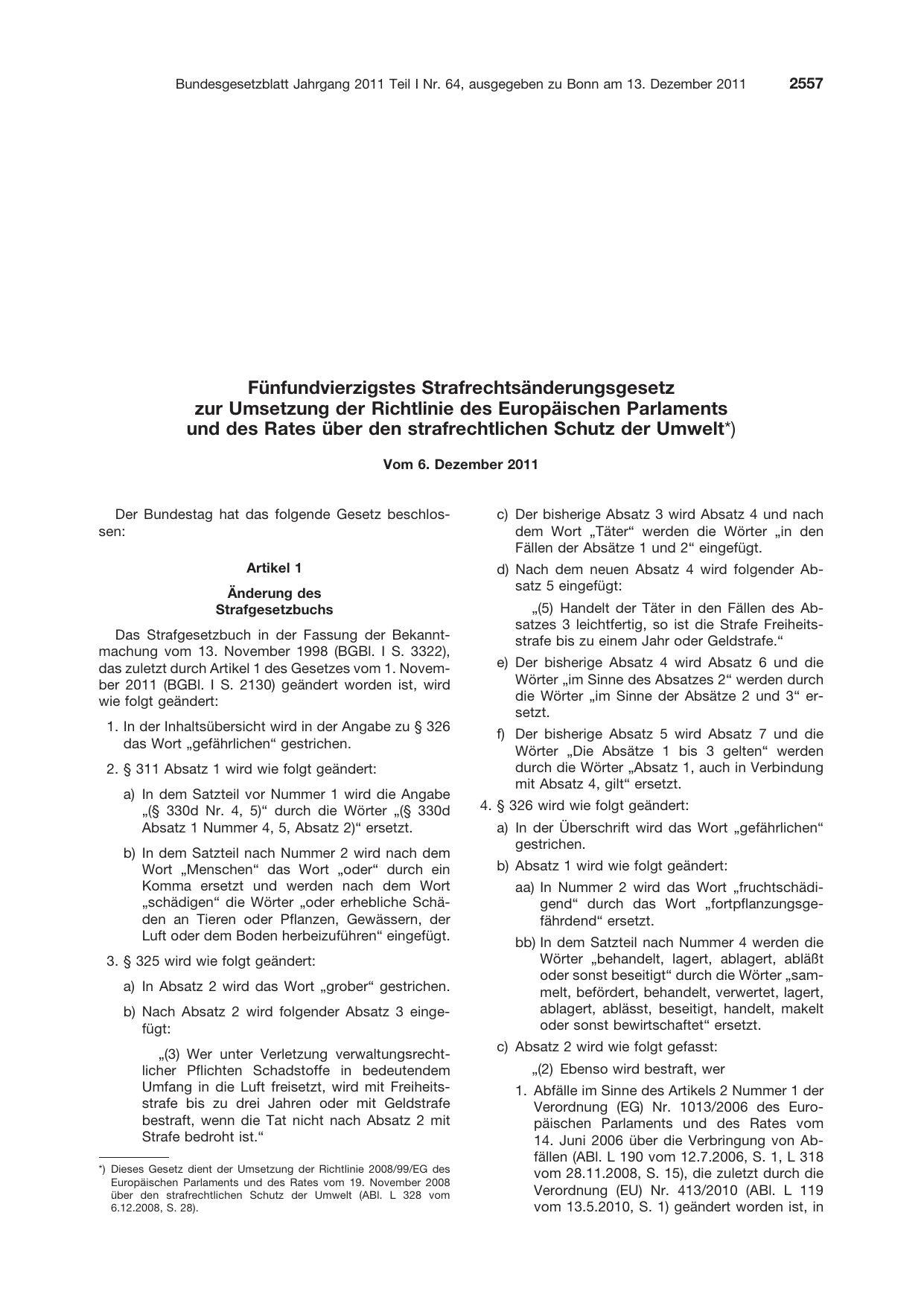 BGBl. 2011, Seite 2557 — Originalseite als Abbildung