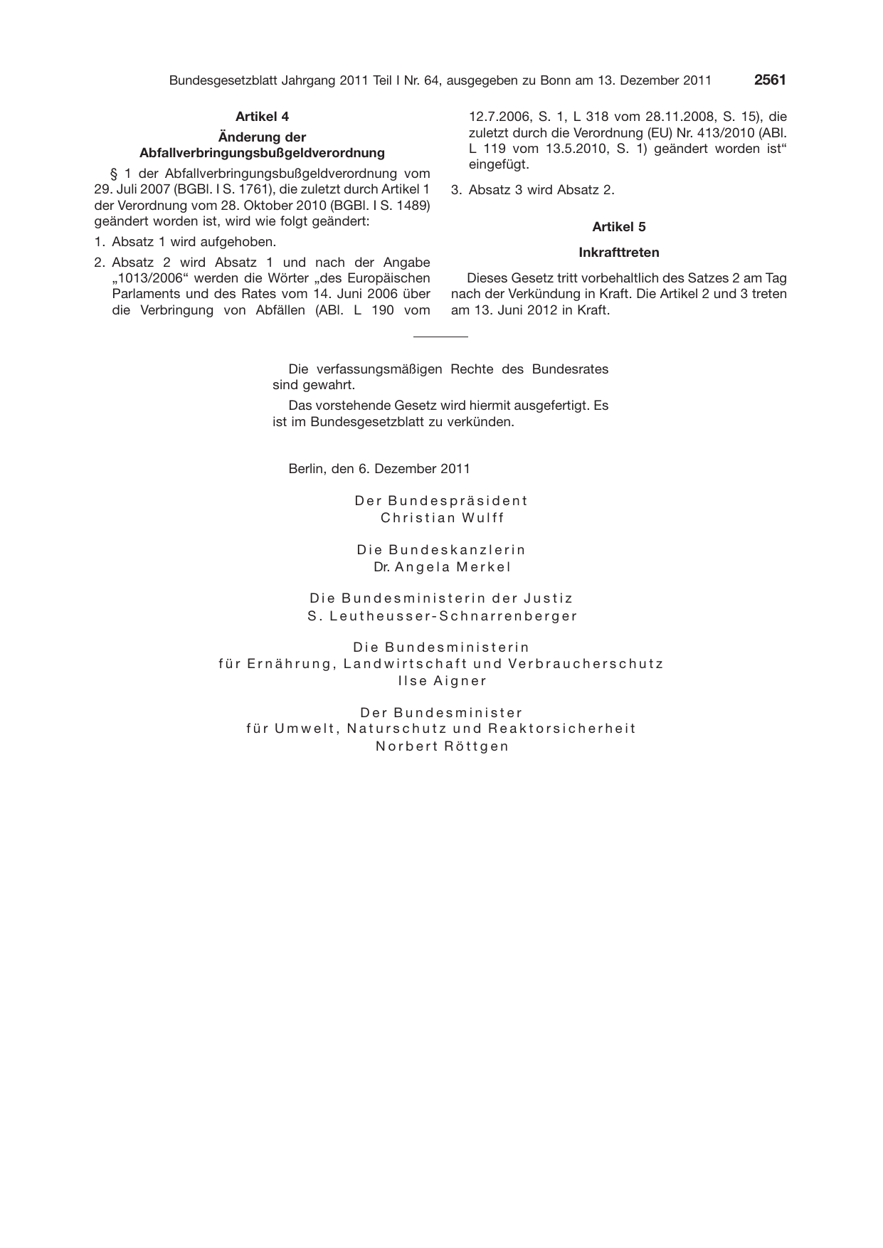 BGBl. 2011, Seite 2561 — Originalseite als Abbildung