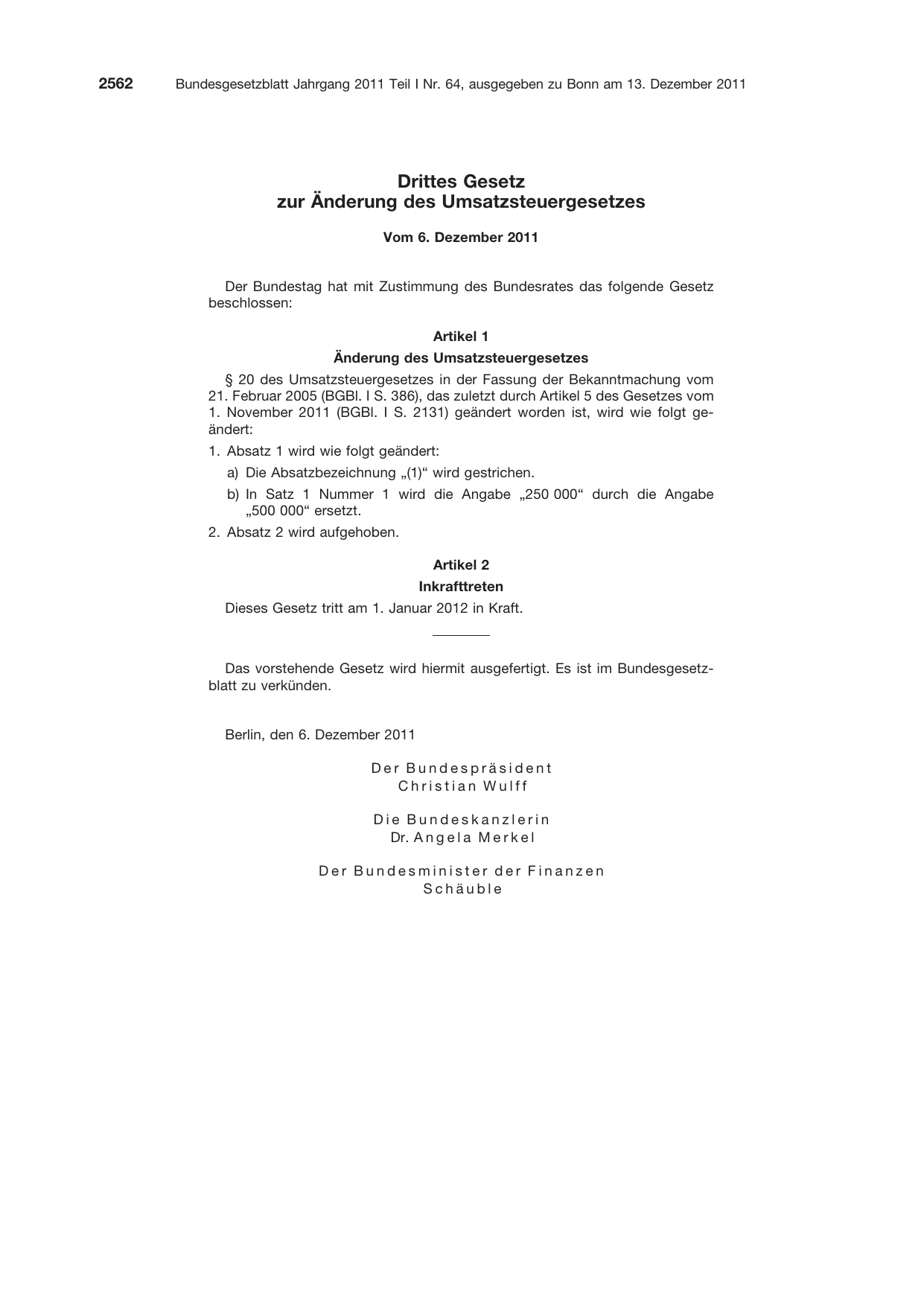 BGBl. 2011, Seite 2562 — Originalseite als Abbildung
