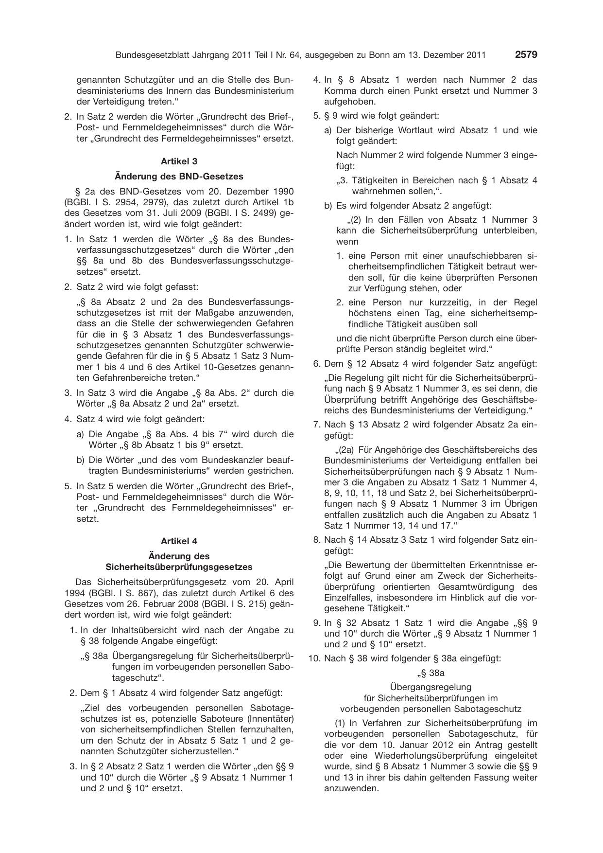 BGBl. 2011, Seite 2579 — Originalseite als Abbildung