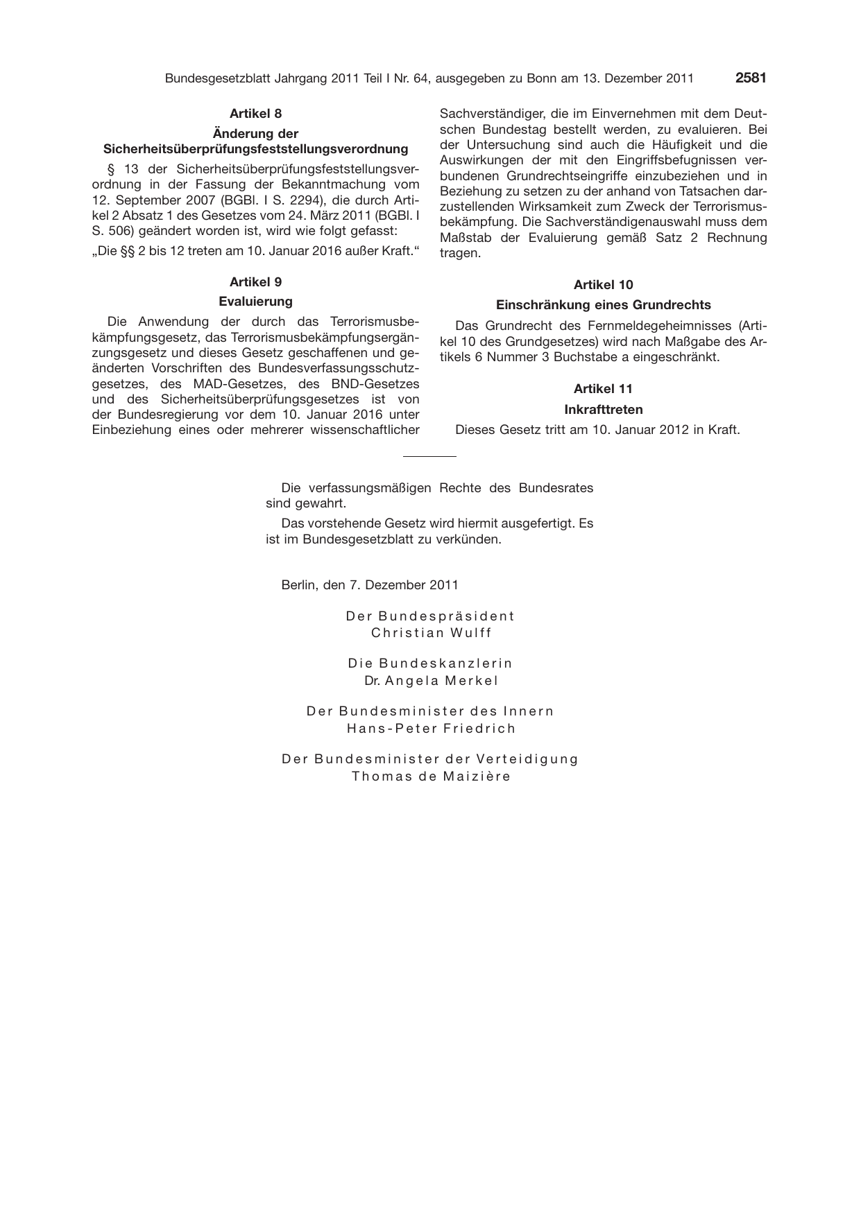 BGBl. 2011, Seite 2581 — Originalseite als Abbildung