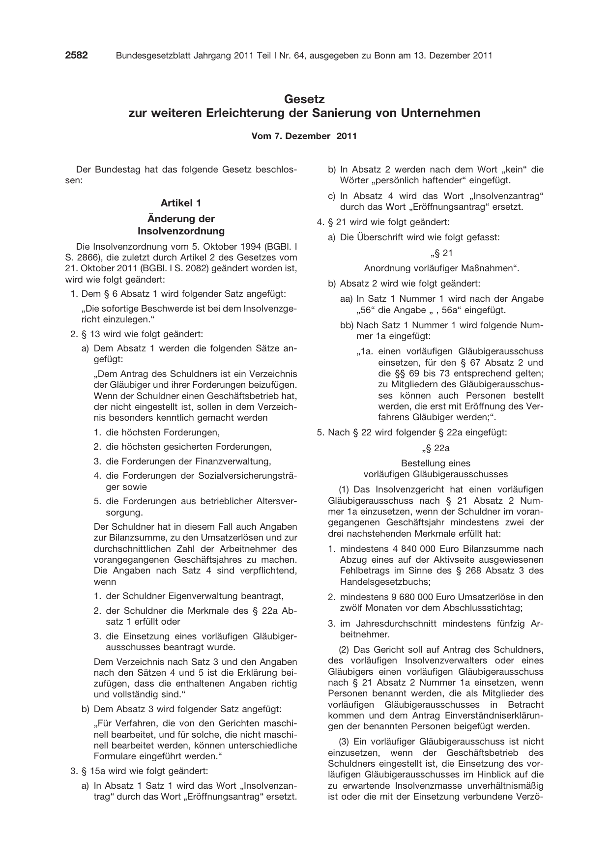 BGBl. 2011, Seite 2582 — Originalseite als Abbildung