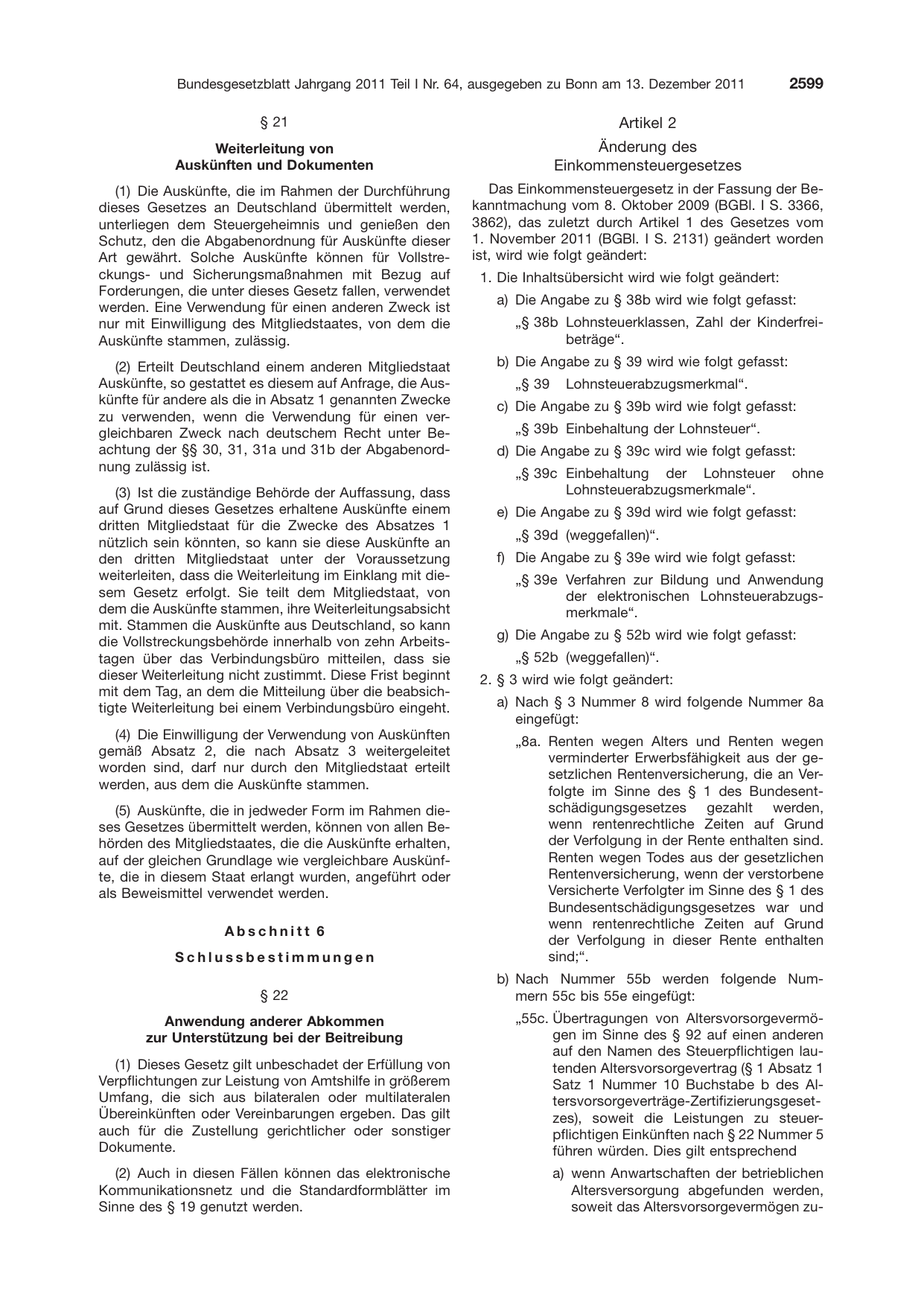 BGBl. 2011, Seite 2599 — Originalseite als Abbildung