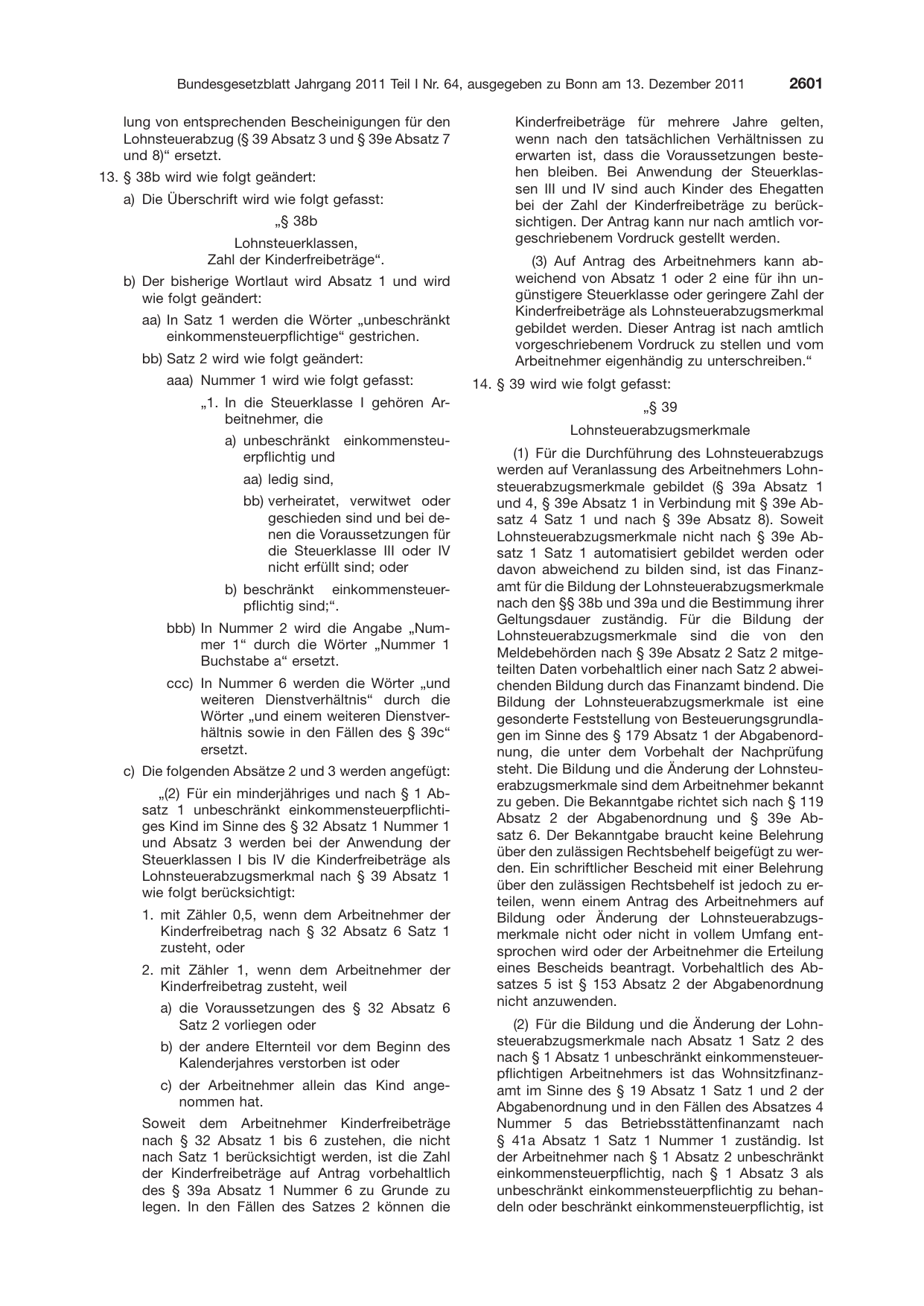 BGBl. 2011, Seite 2601 — Originalseite als Abbildung