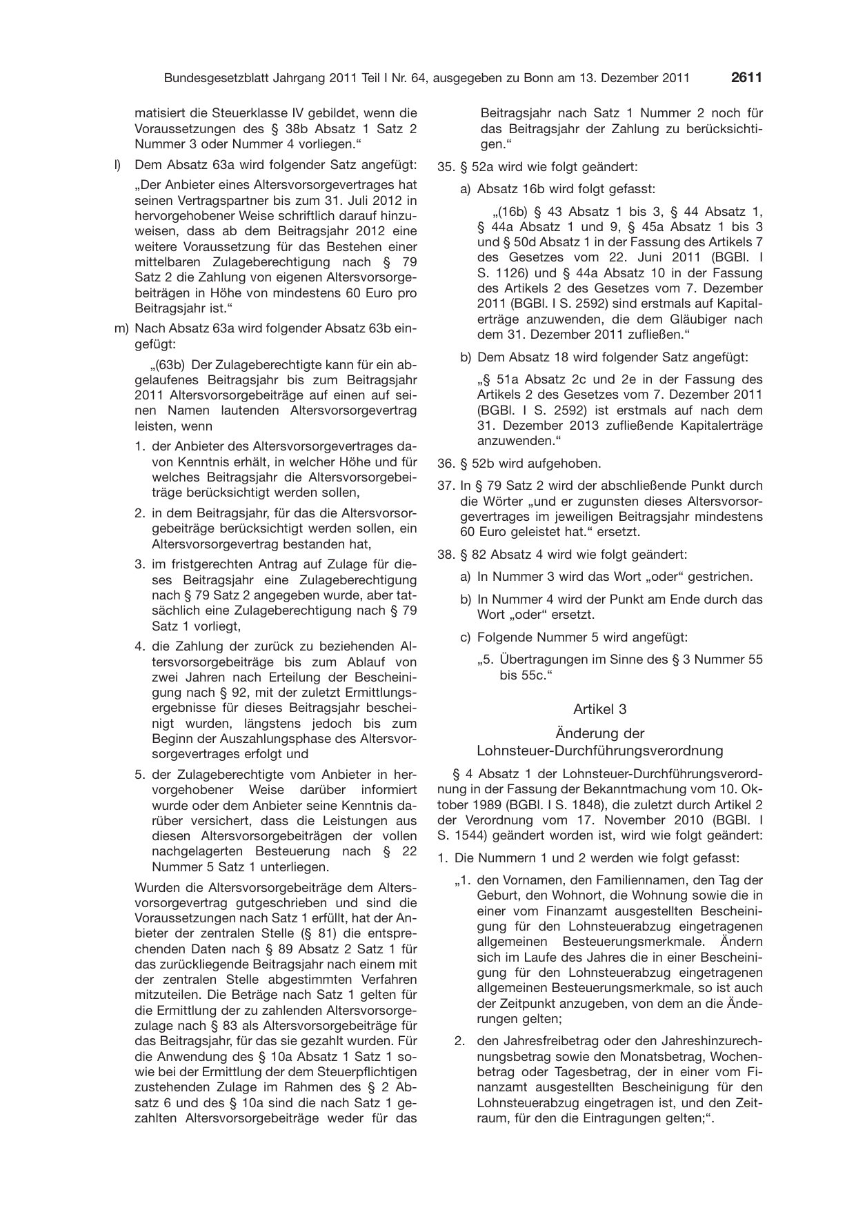 BGBl. 2011, Seite 2611 — Originalseite als Abbildung