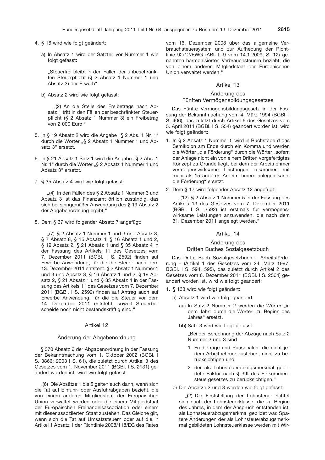BGBl. 2011, Seite 2615 — Originalseite als Abbildung
