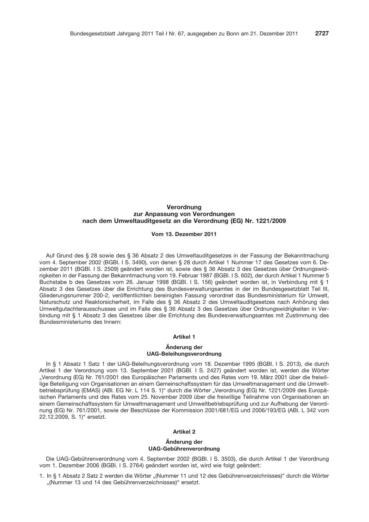 BGBl. 2011, Seite 2727 — Originalseite als Abbildung
