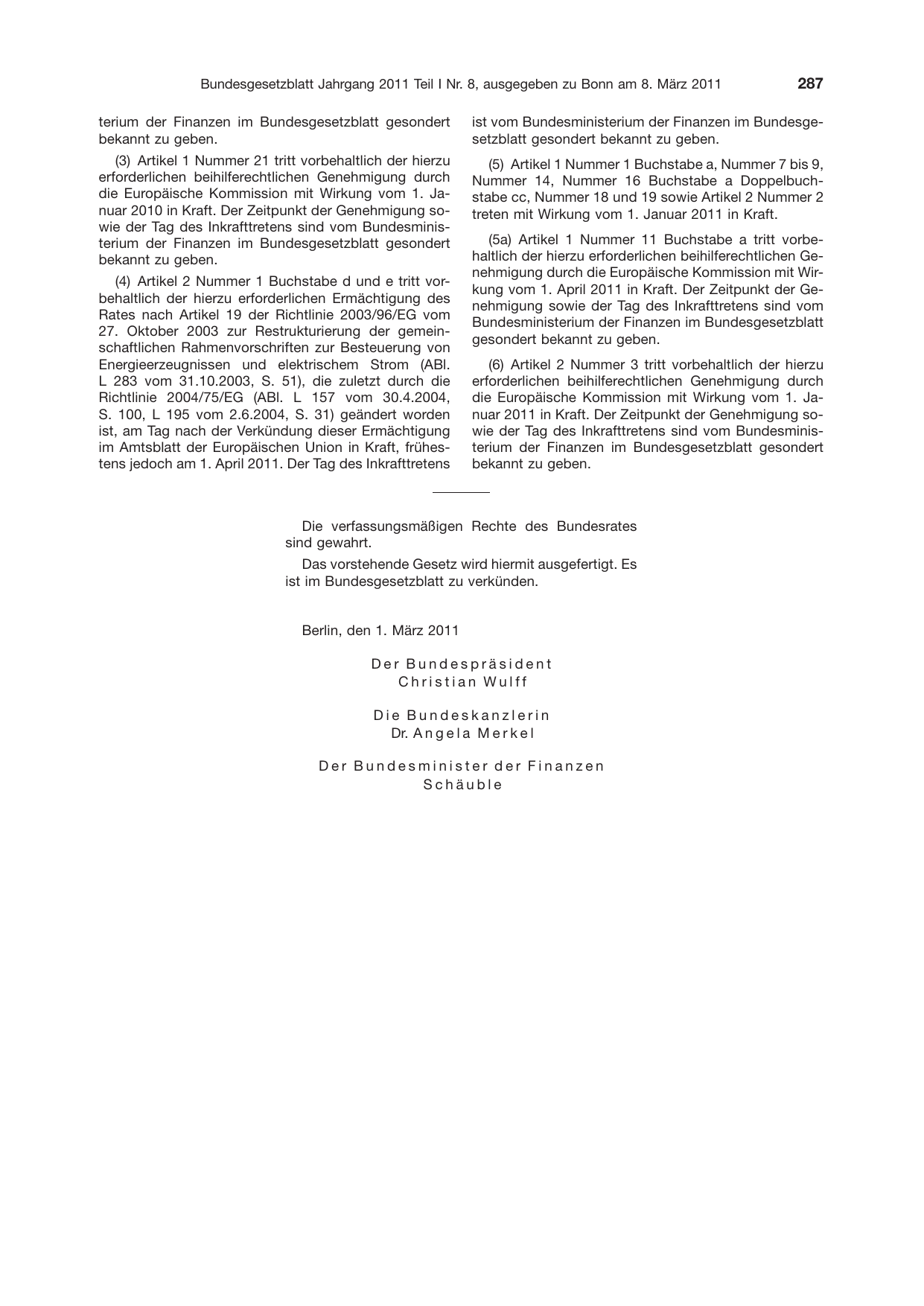 BGBl. 2011, Seite 287 — Originalseite als Abbildung