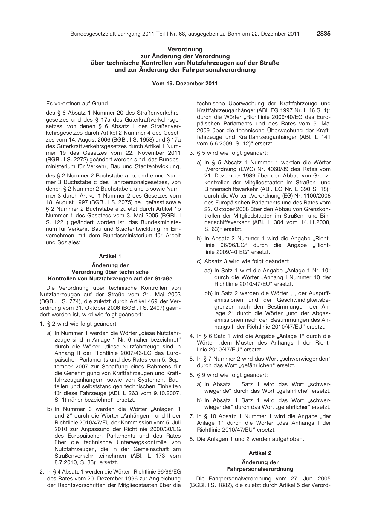 BGBl. 2011, Seite 2835 — Originalseite als Abbildung