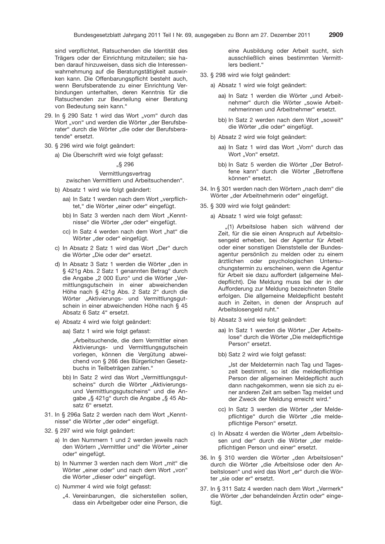 BGBl. 2011, Seite 2909 — Originalseite als Abbildung