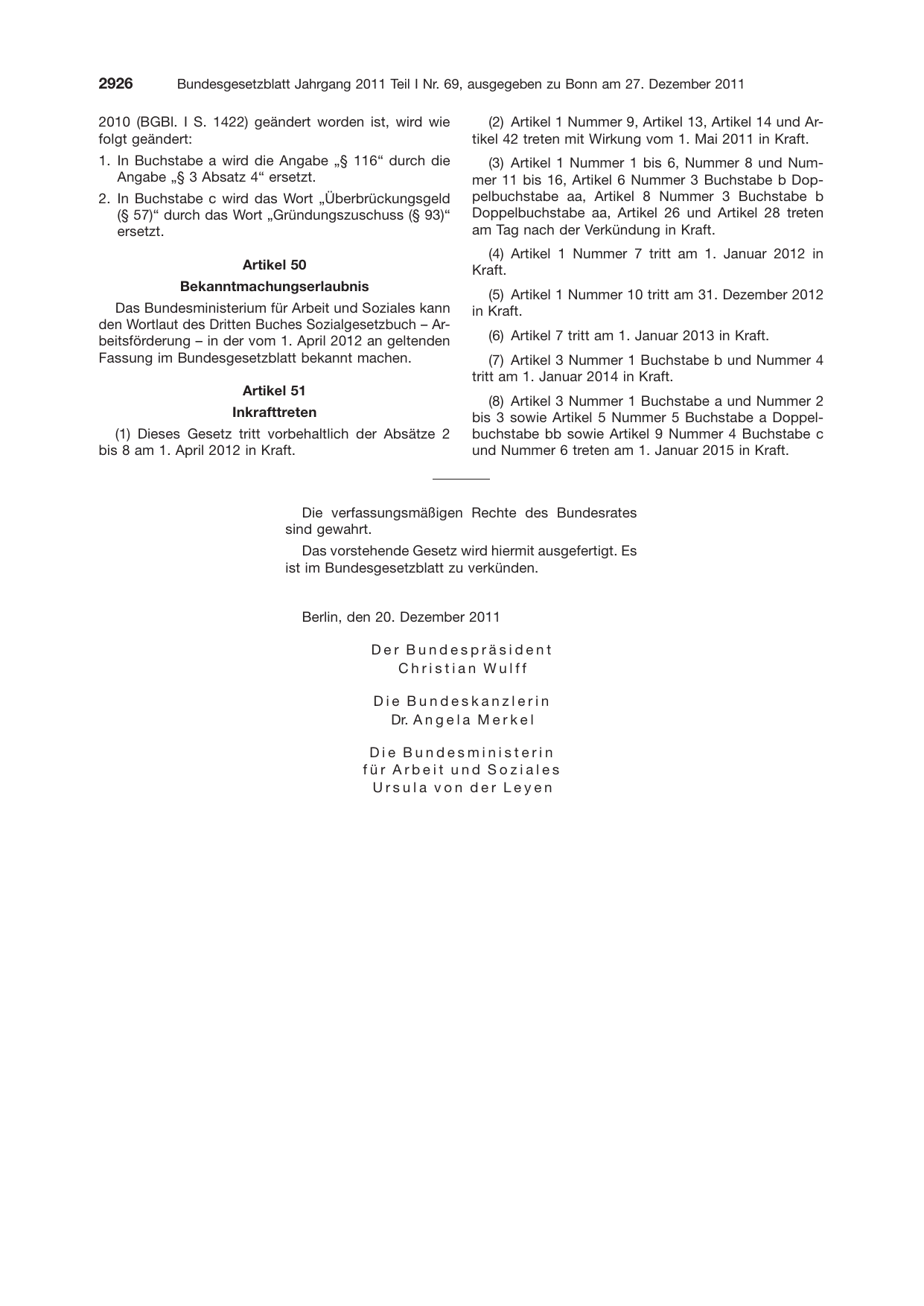 BGBl. 2011, Seite 2926 — Originalseite als Abbildung