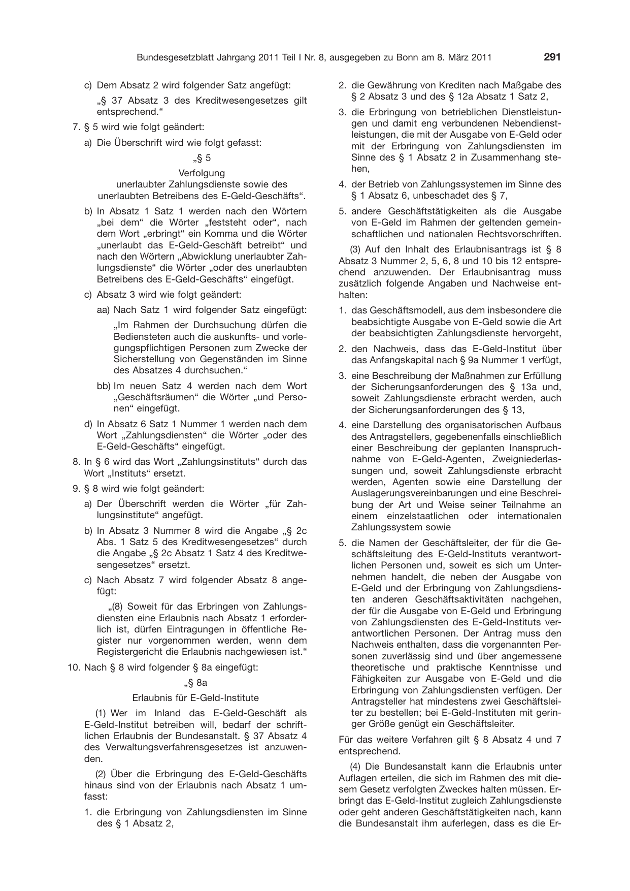 BGBl. 2011, Seite 291 — Originalseite als Abbildung