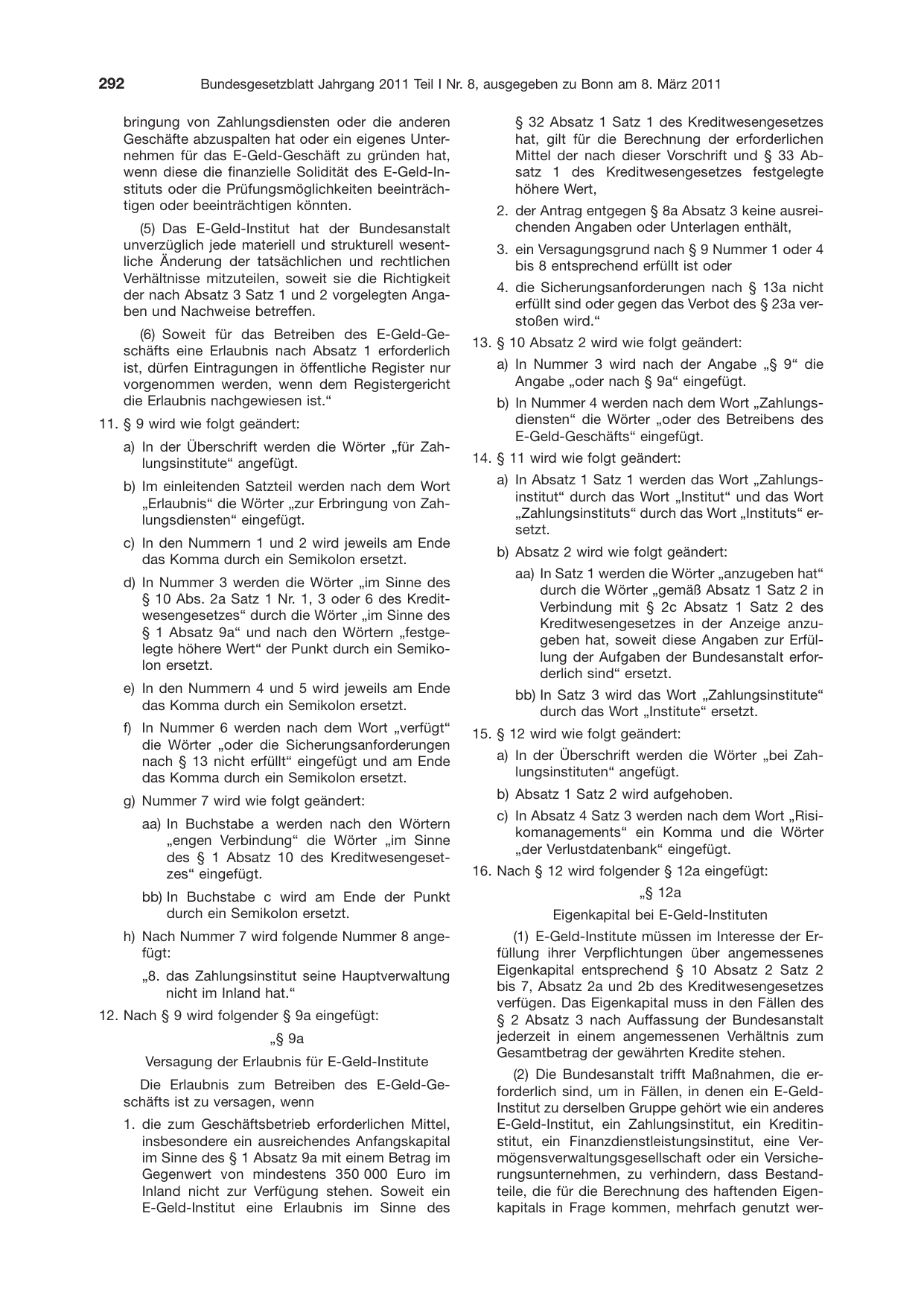 BGBl. 2011, Seite 292 — Originalseite als Abbildung