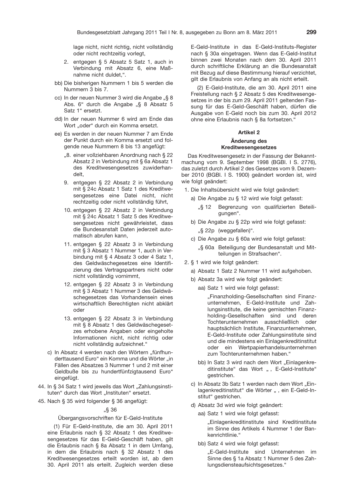 BGBl. 2011, Seite 299 — Originalseite als Abbildung