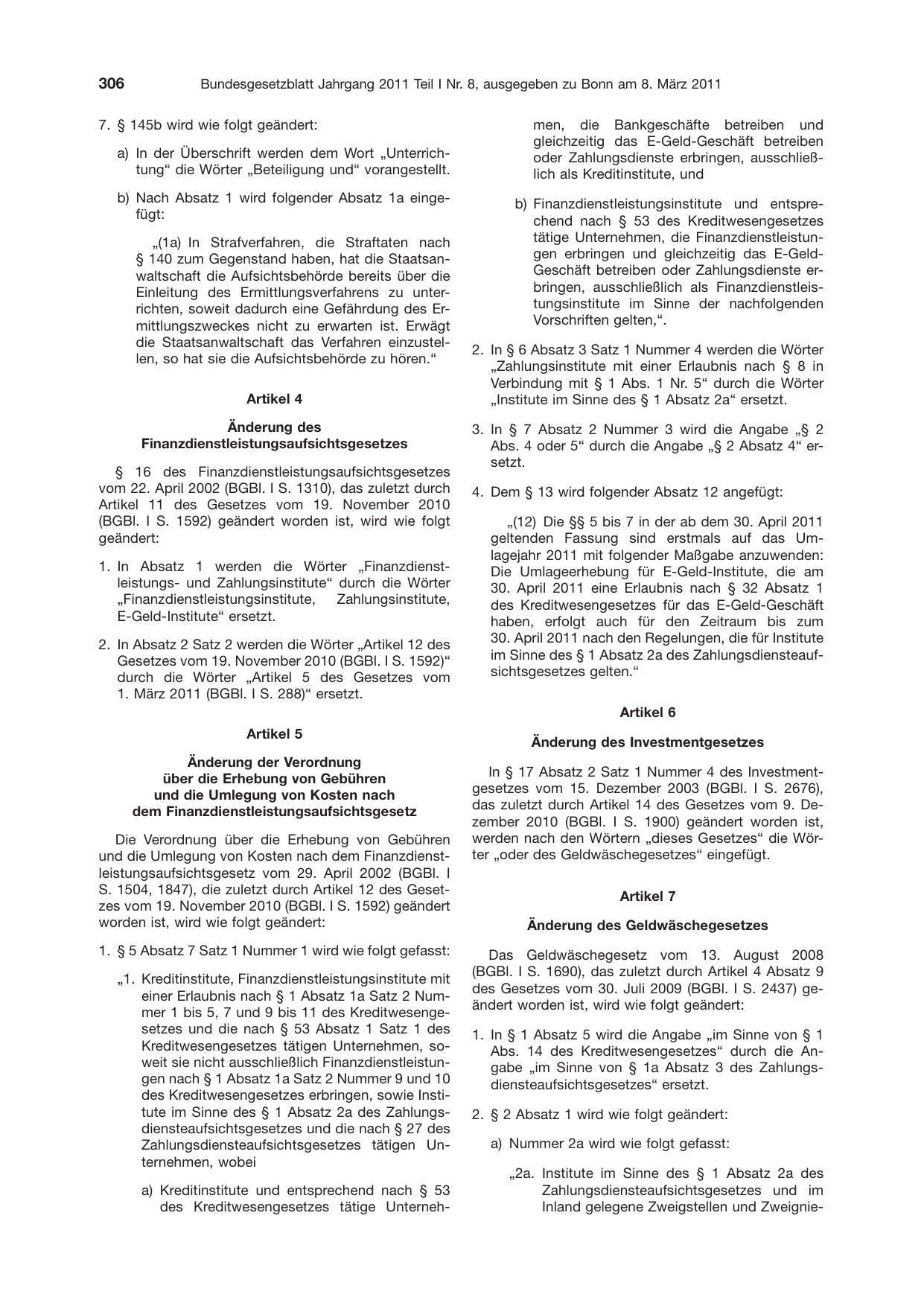 BGBl. 2011, Seite 306 — Originalseite als Abbildung