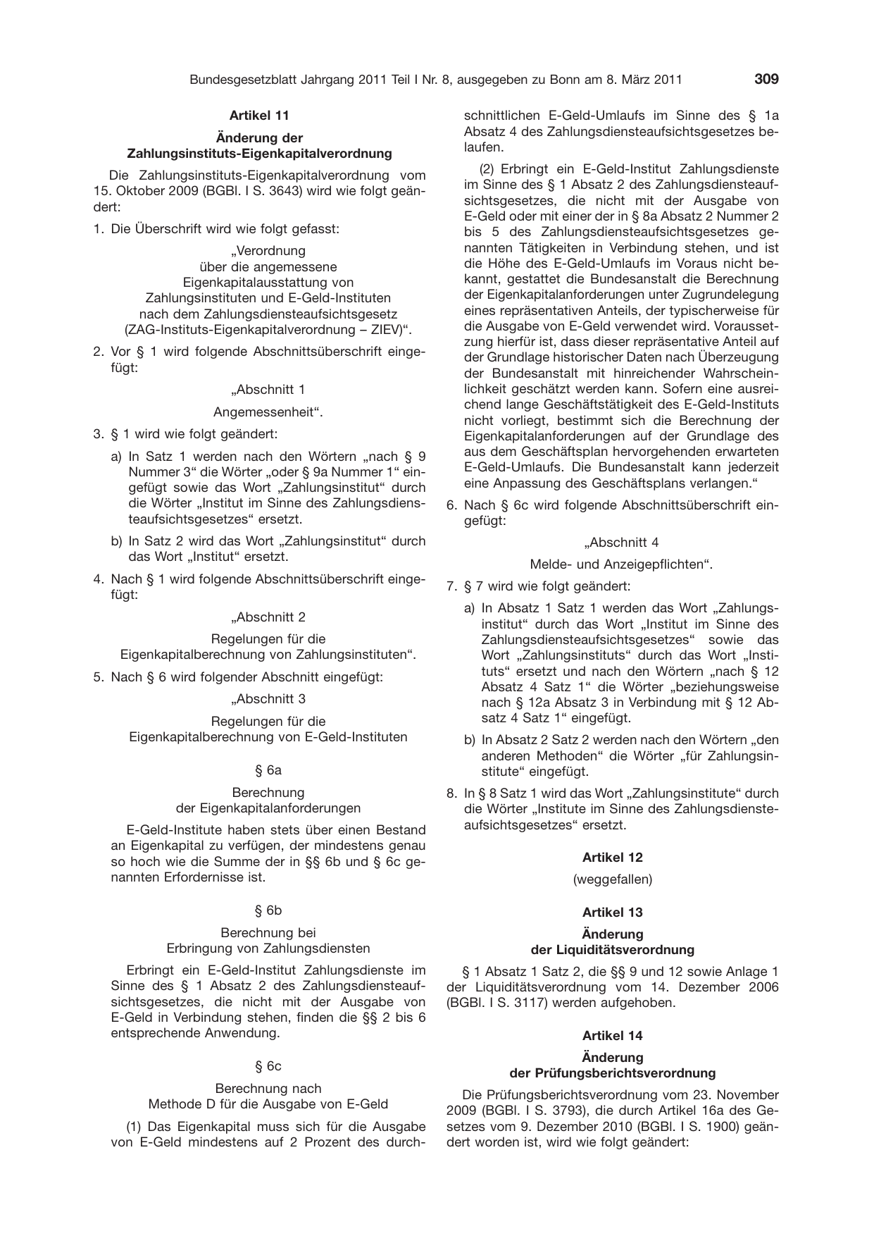 BGBl. 2011, Seite 309 — Originalseite als Abbildung