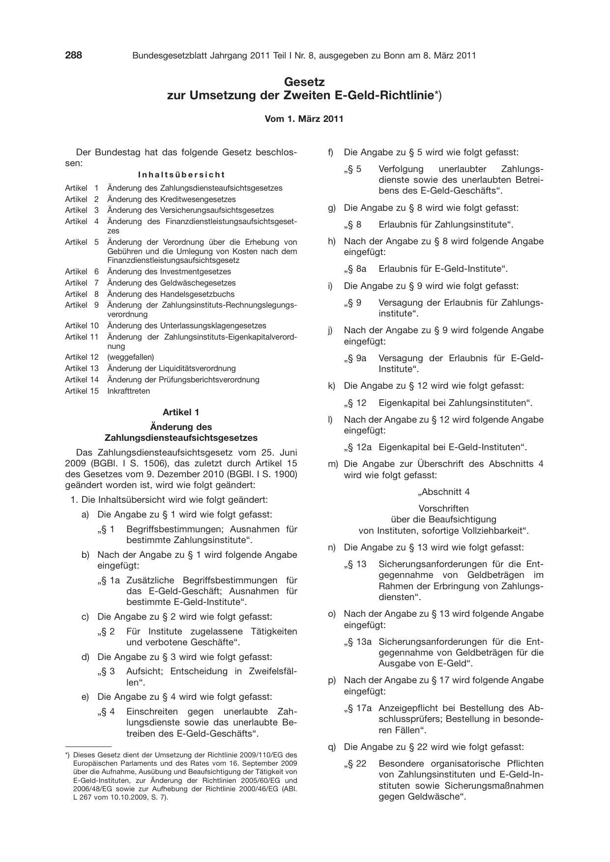 BGBl. 2011, Seite 288 — Originalseite als Abbildung