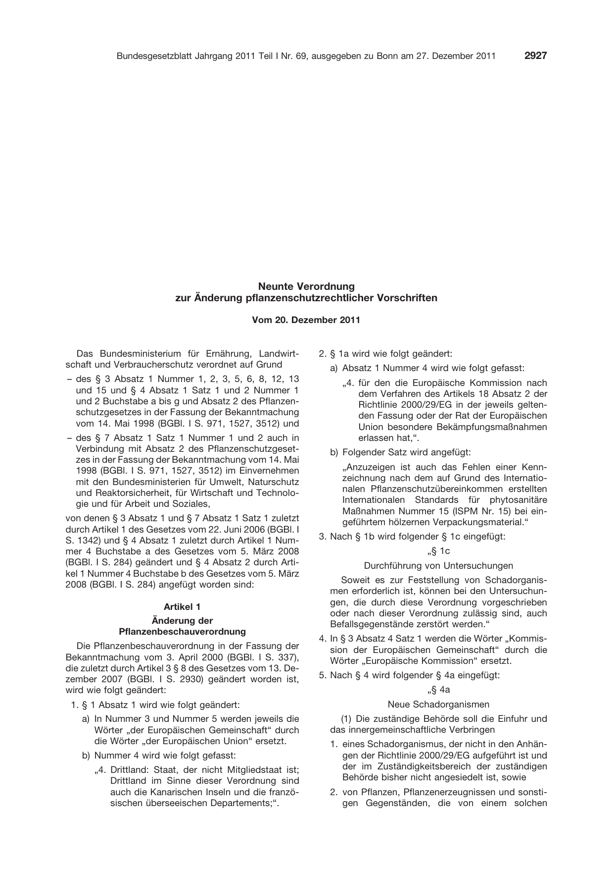 BGBl. 2011, Seite 2927 — Originalseite als Abbildung