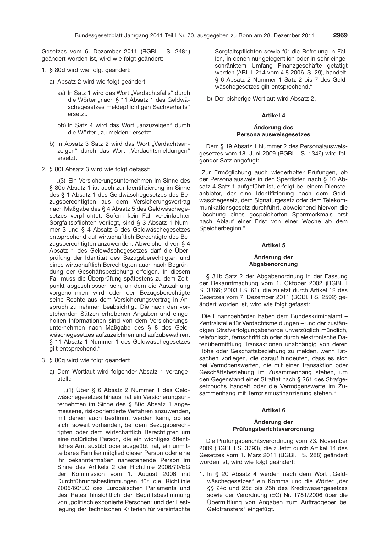 BGBl. 2011, Seite 2969 — Originalseite als Abbildung