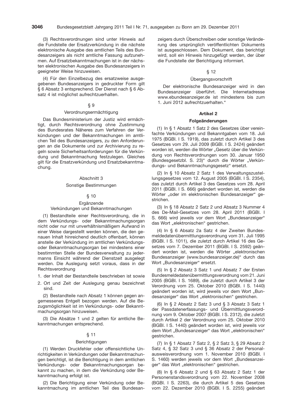 BGBl. 2011, Seite 3046 — Originalseite als Abbildung