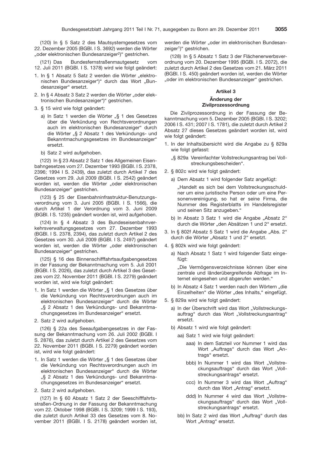 BGBl. 2011, Seite 3055 — Originalseite als Abbildung