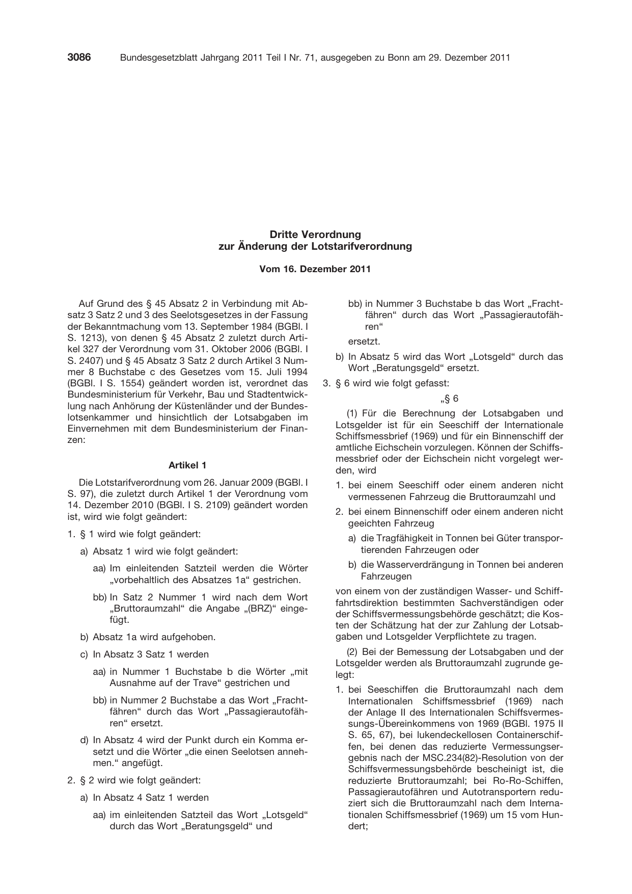 BGBl. 2011, Seite 3086 — Originalseite als Abbildung