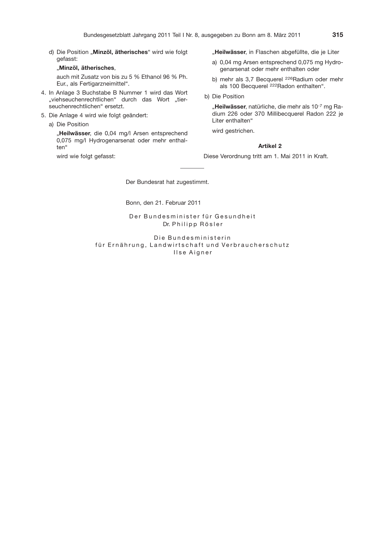 BGBl. 2011, Seite 315 — Originalseite als Abbildung