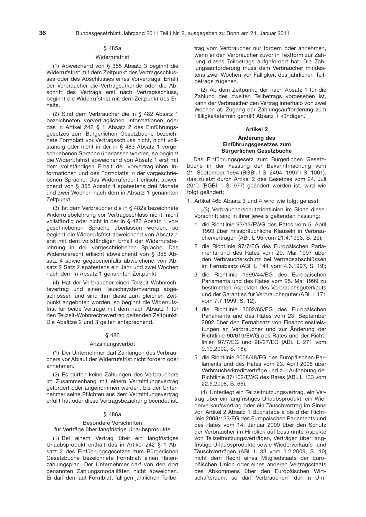 BGBl. 2011, Seite 36 — Originalseite als Abbildung