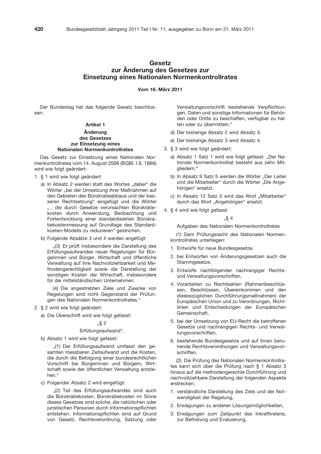 BGBl. 2011, Seite 420 — Originalseite als Abbildung