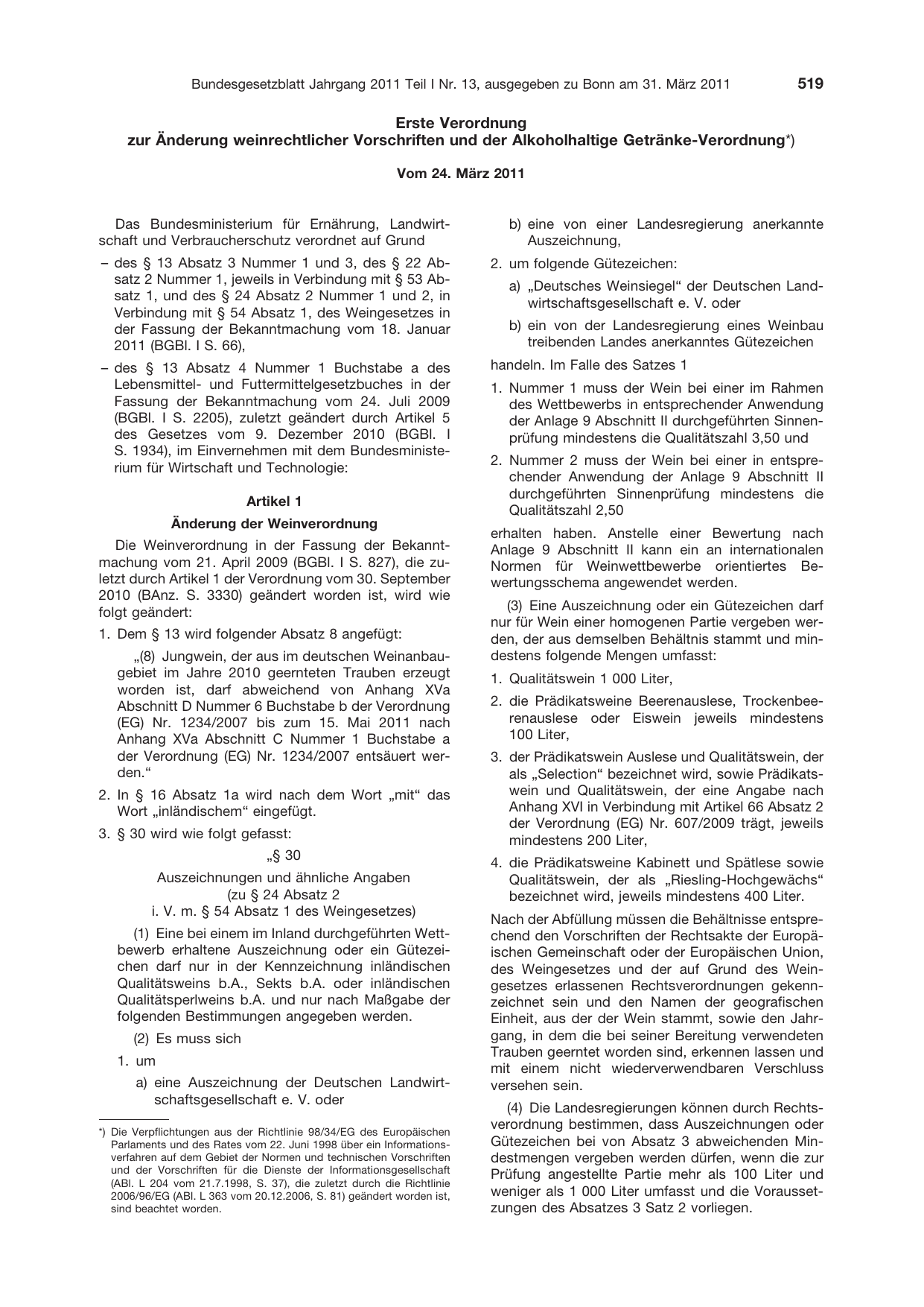 BGBl. 2011, Seite 519 — Originalseite als Abbildung