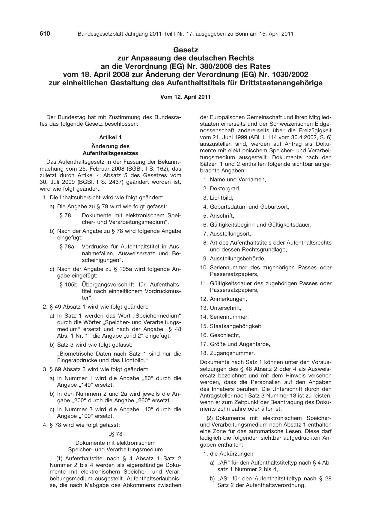 BGBl. 2011, Seite 610 — Originalseite als Abbildung