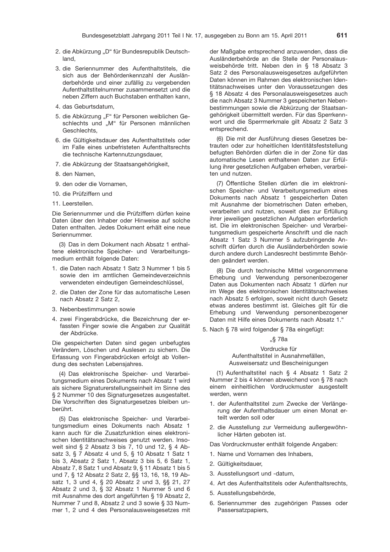BGBl. 2011, Seite 611 — Originalseite als Abbildung