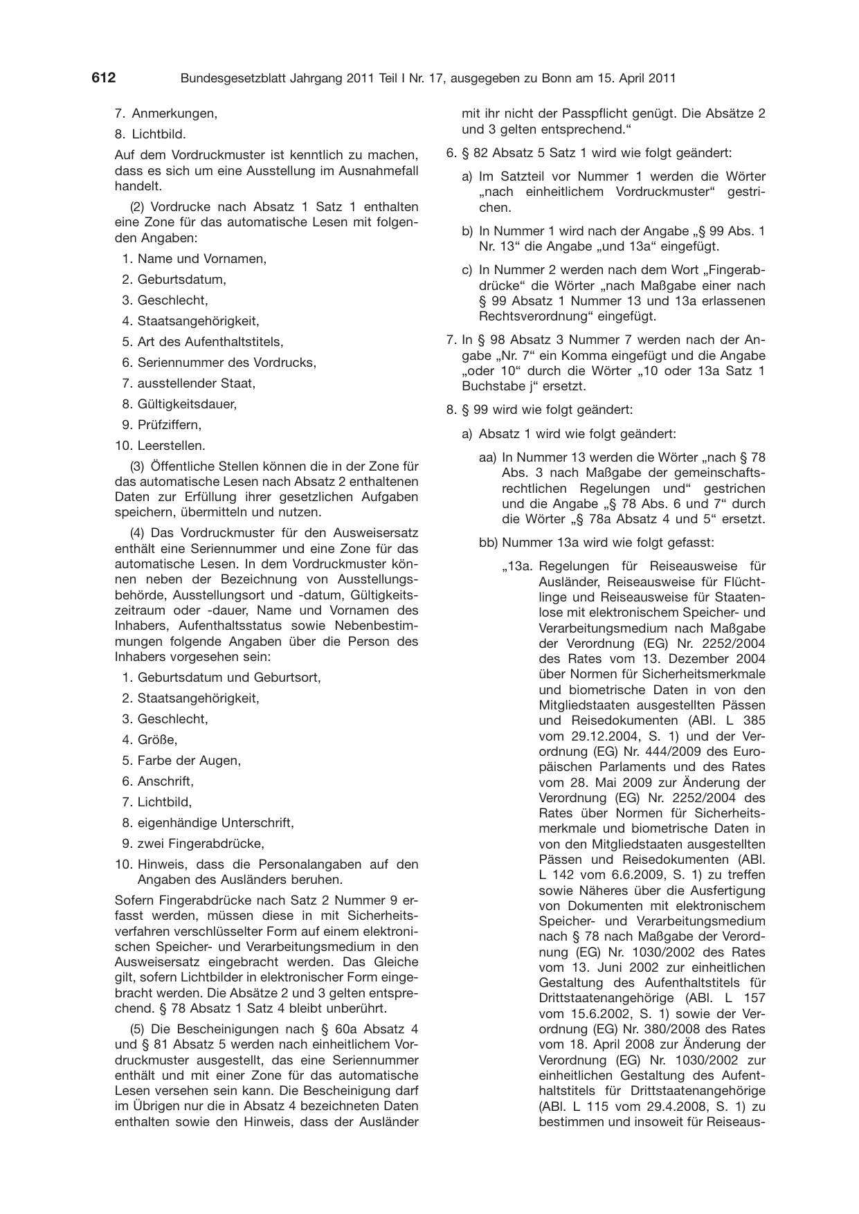 BGBl. 2011, Seite 612 — Originalseite als Abbildung