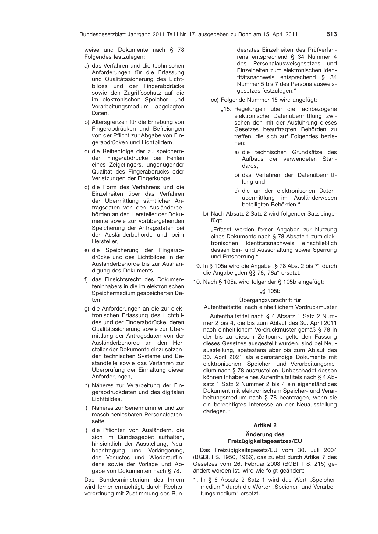 BGBl. 2011, Seite 613 — Originalseite als Abbildung