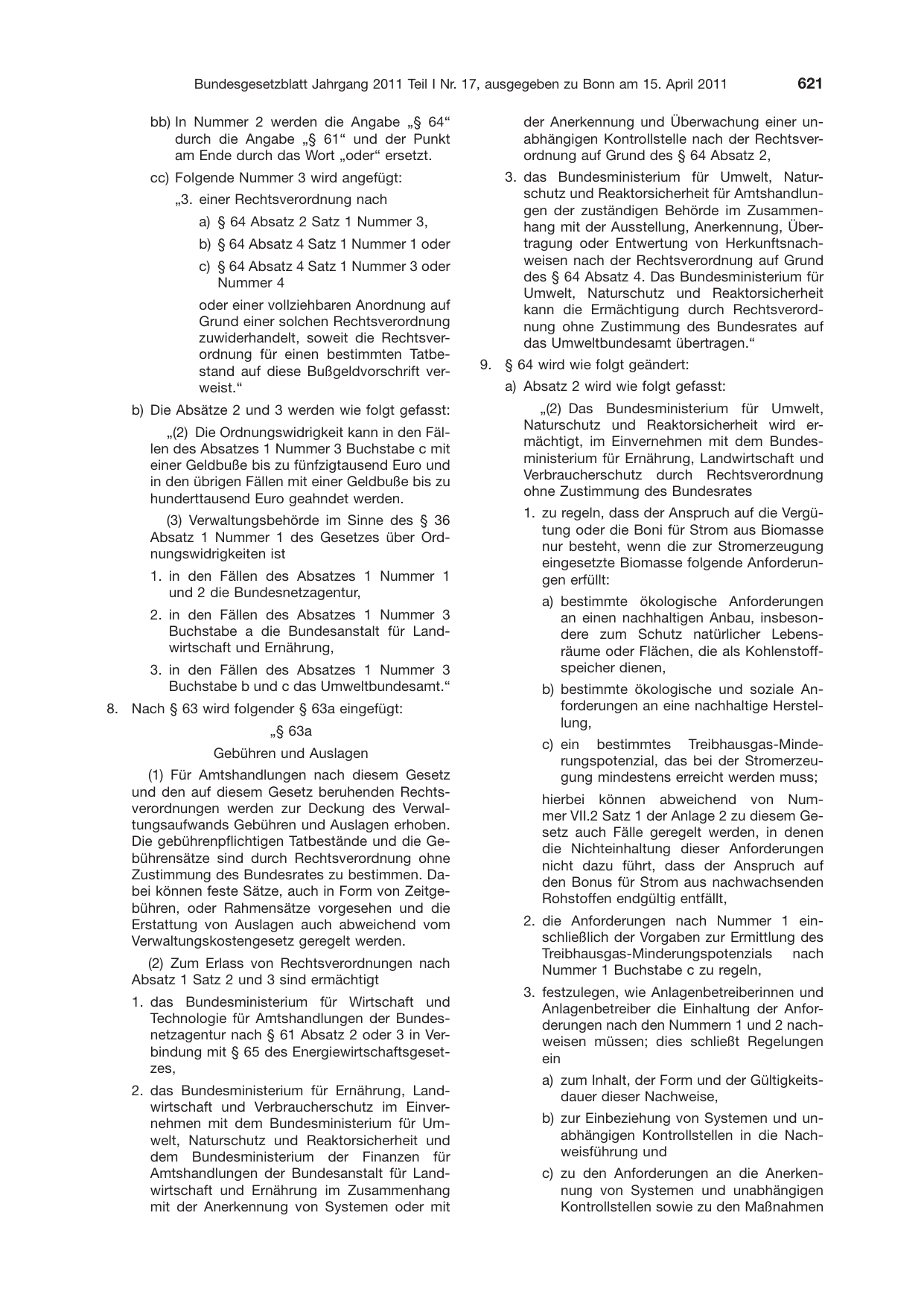 BGBl. 2011, Seite 621 — Originalseite als Abbildung