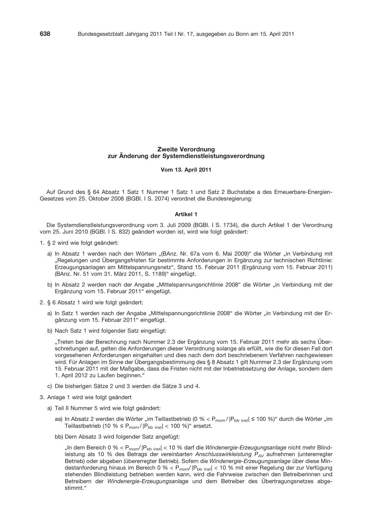 BGBl. 2011, Seite 638 — Originalseite als Abbildung