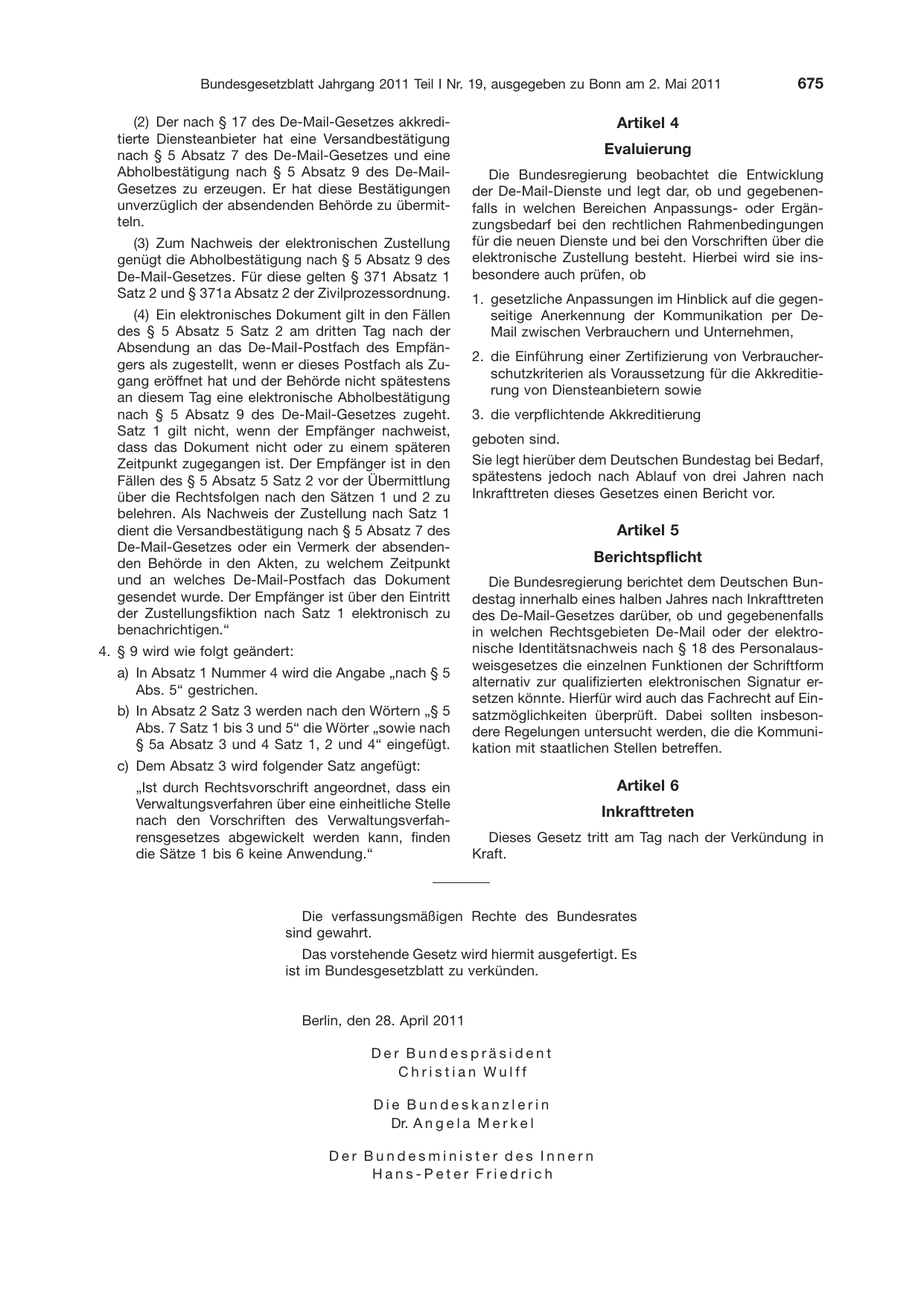 BGBl. 2011, Seite 675 — Originalseite als Abbildung