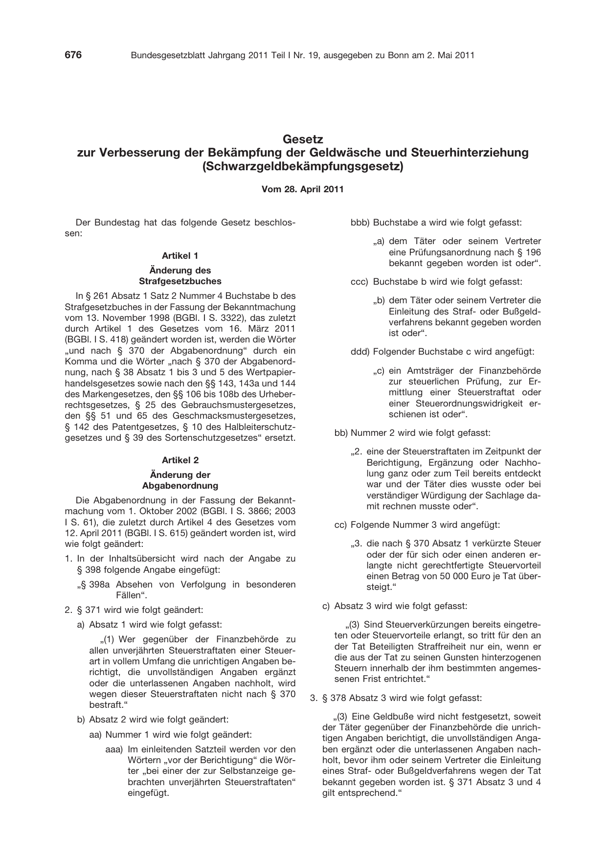 BGBl. 2011, Seite 676 — Originalseite als Abbildung