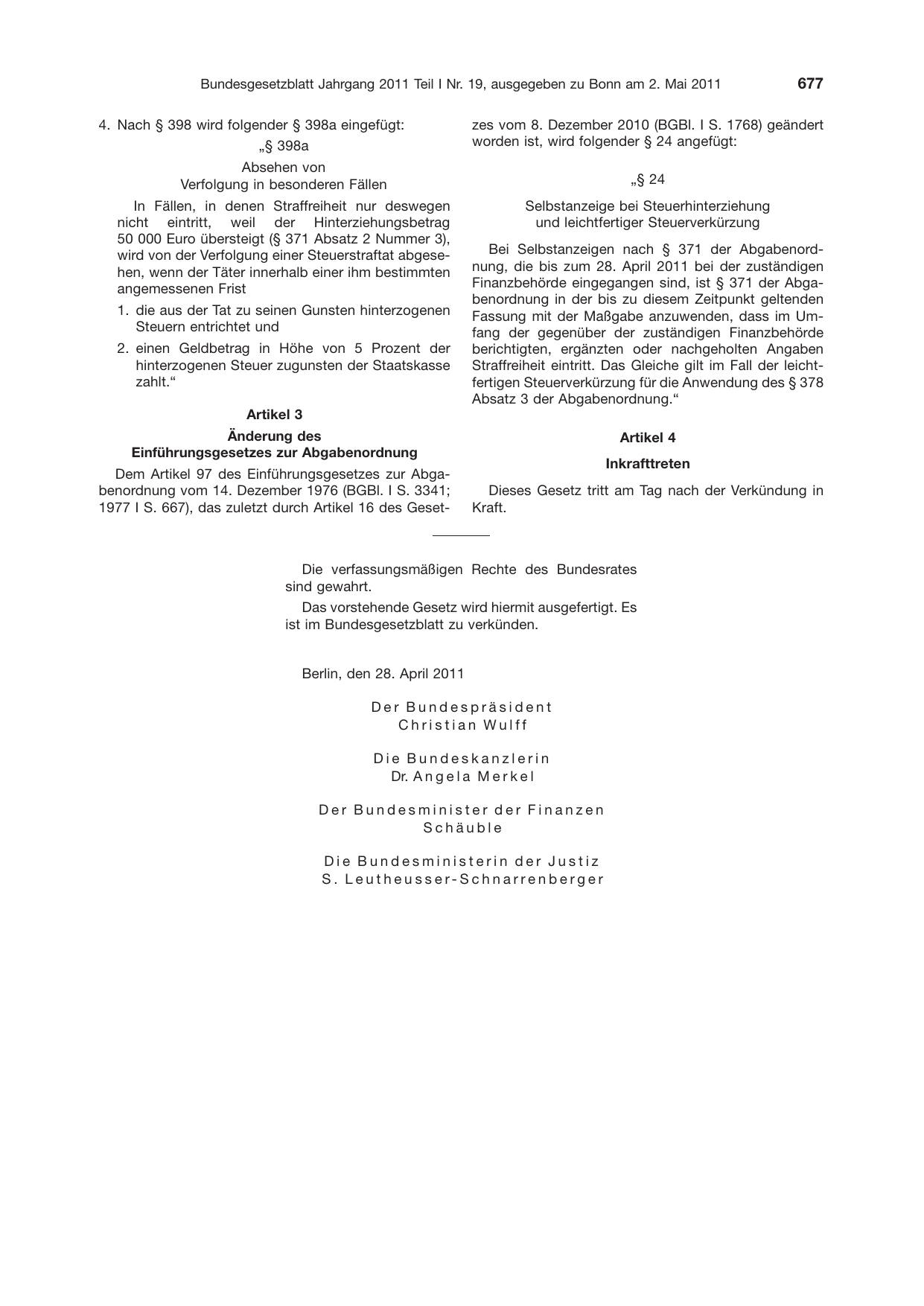 BGBl. 2011, Seite 677 — Originalseite als Abbildung