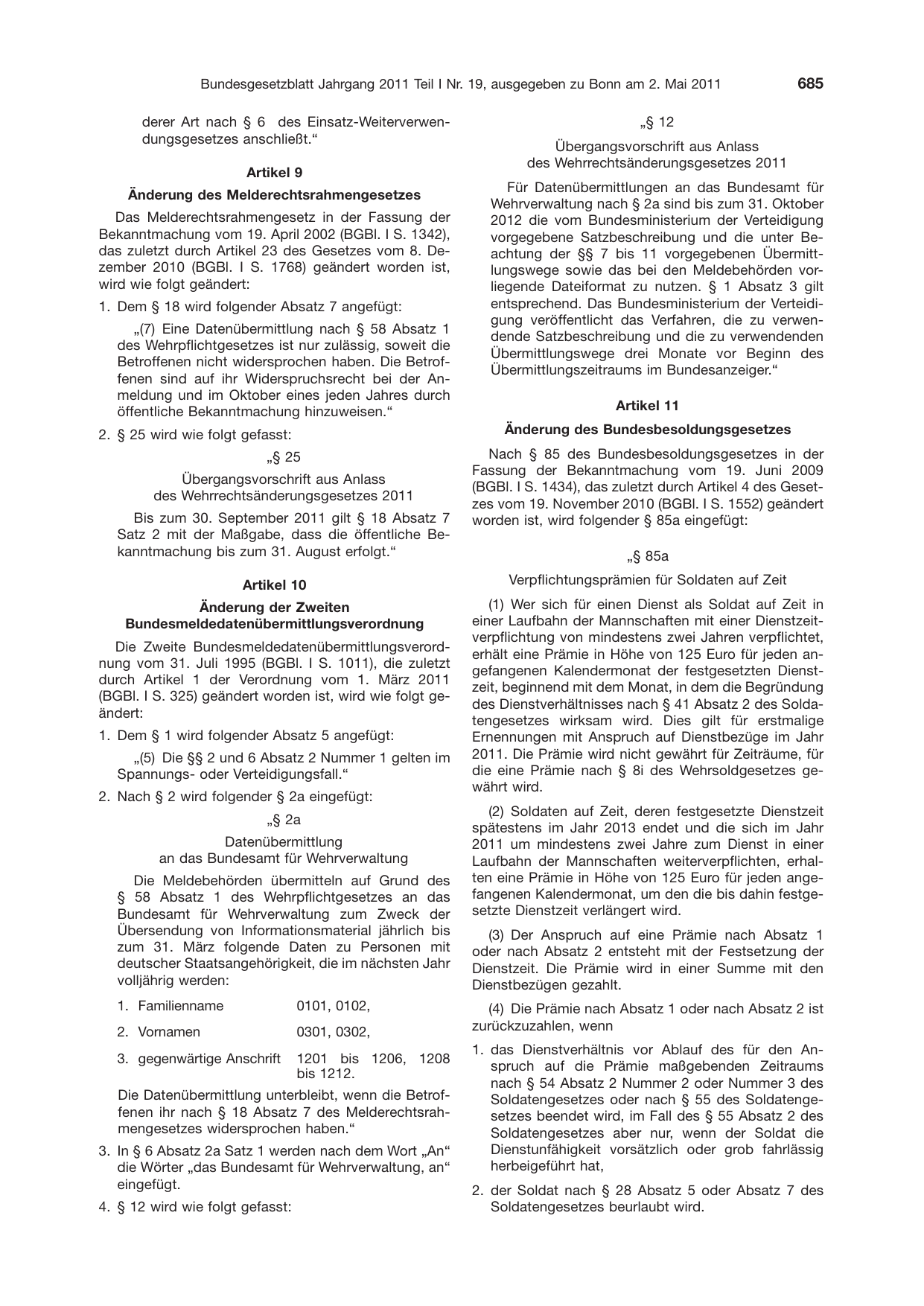BGBl. 2011, Seite 685 — Originalseite als Abbildung