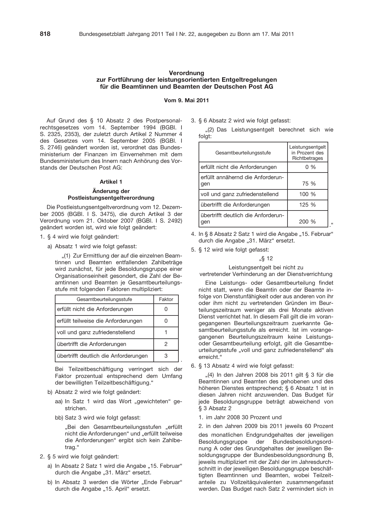 BGBl. 2011, Seite 818 — Originalseite als Abbildung