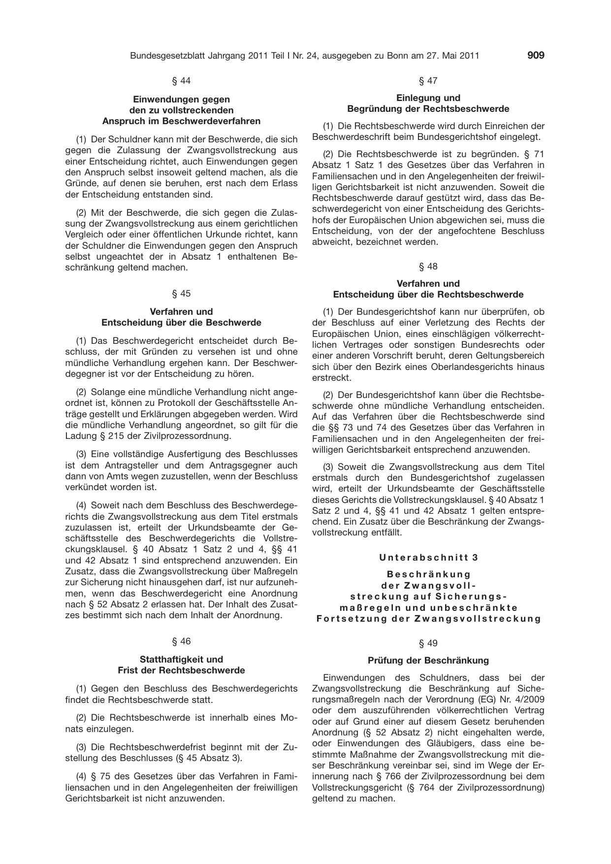 BGBl. 2011, Seite 909 — Originalseite als Abbildung