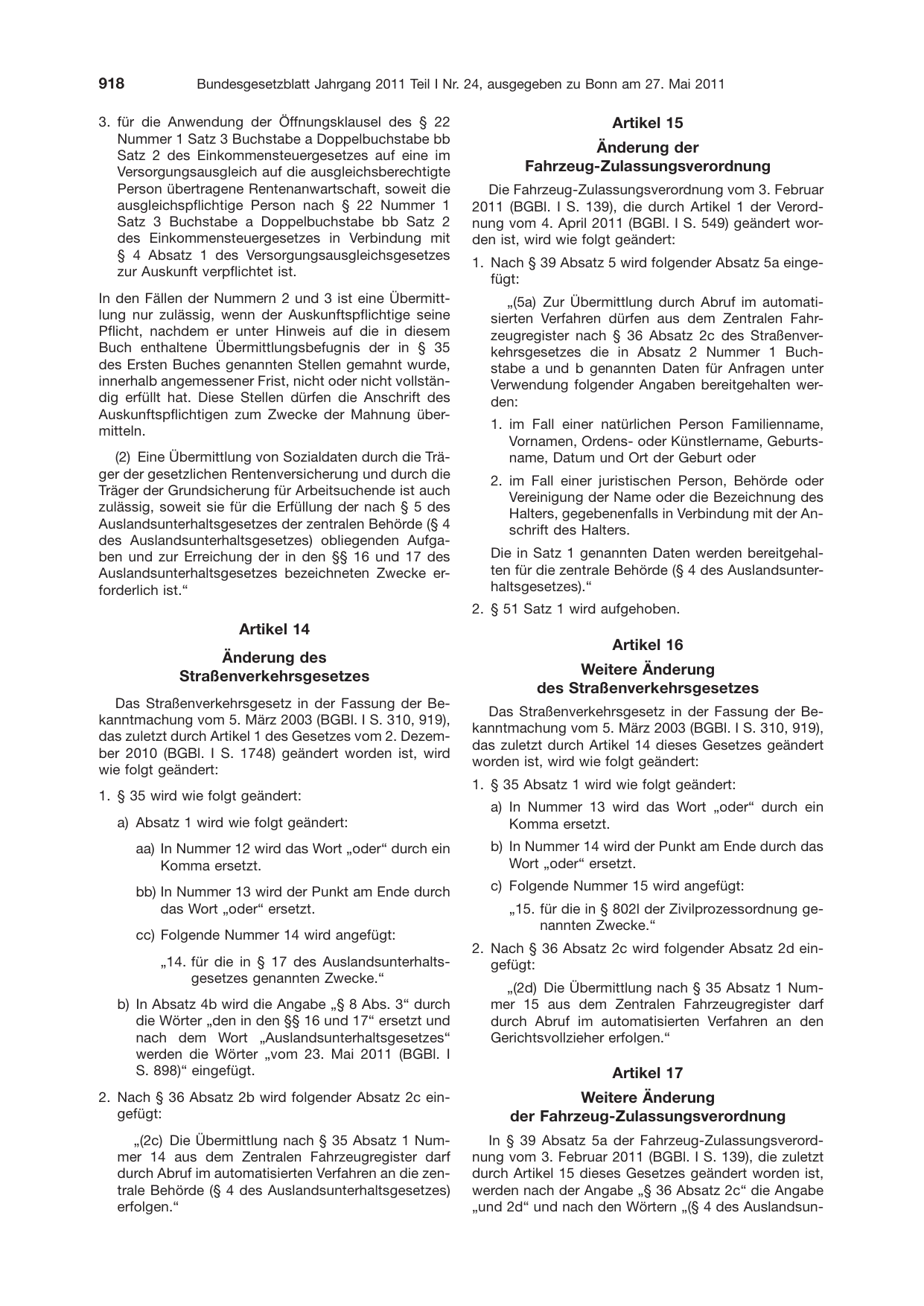 BGBl. 2011, Seite 918 — Originalseite als Abbildung