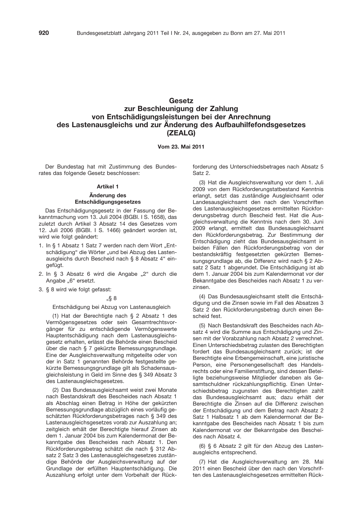 BGBl. 2011, Seite 920 — Originalseite als Abbildung